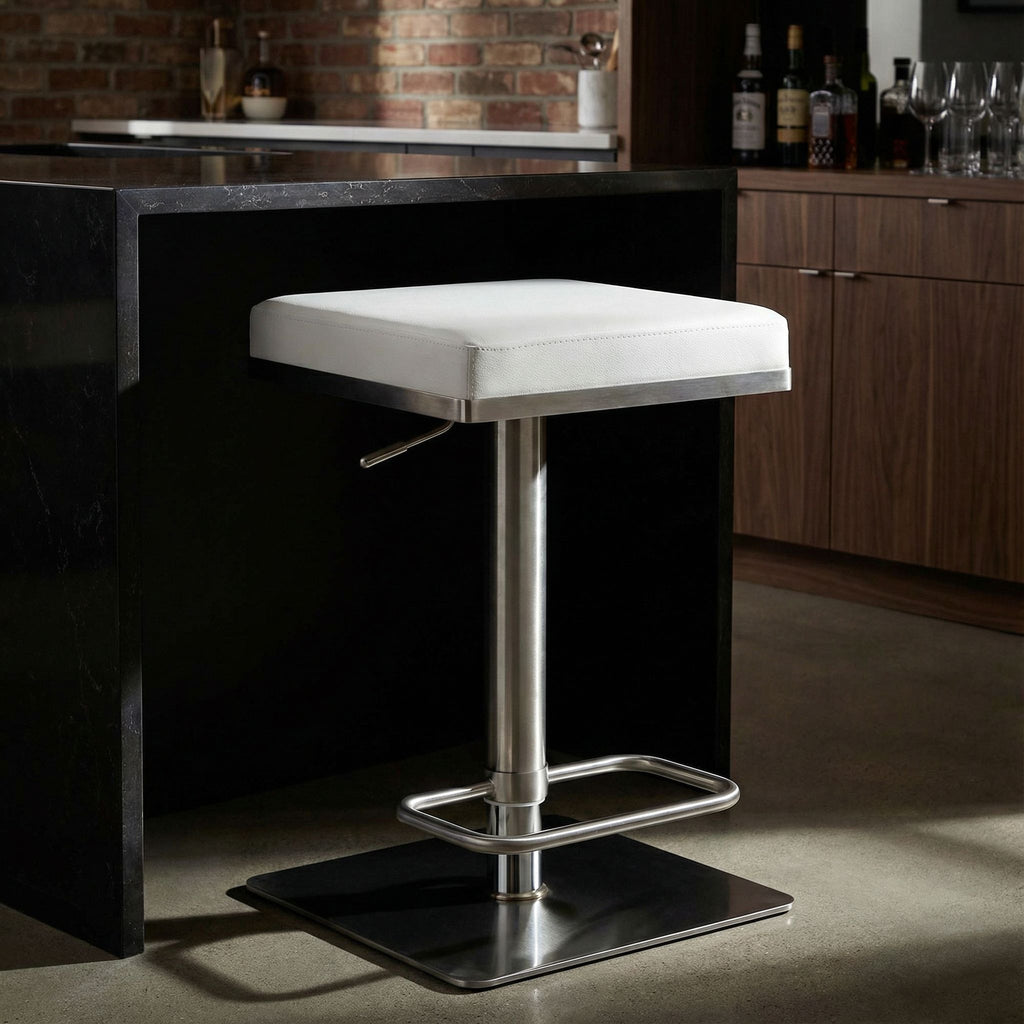 Atlas Adjustable Swivel Barstool in Brushed Stainless Steel with Heavy Solid Base, White