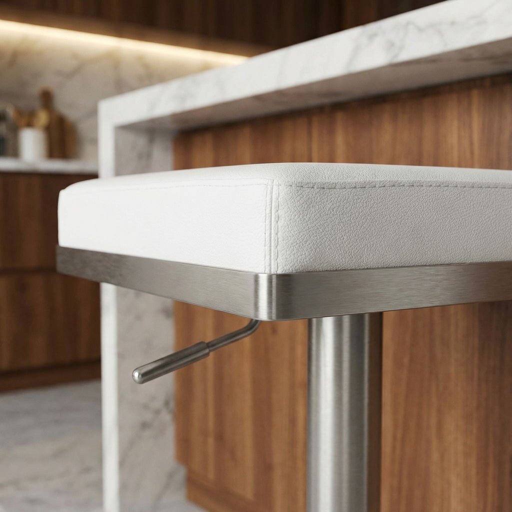 Atlas Adjustable Swivel Barstool in Brushed Stainless Steel with Heavy Solid Base, White