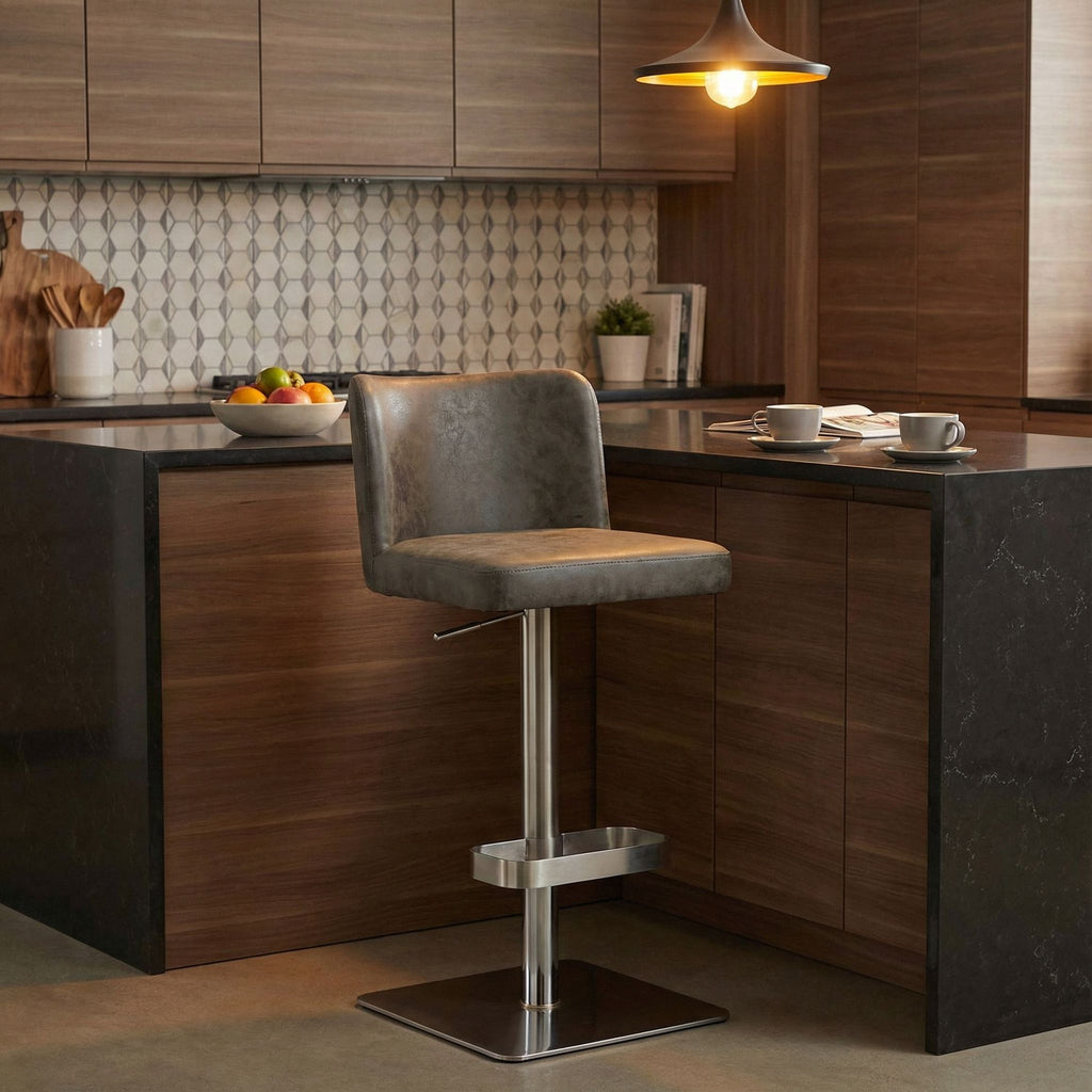 Hercules Adjustable Swivel Barstool in Brushed Stainless Steel with Heavy Solid Base, Retro Grey