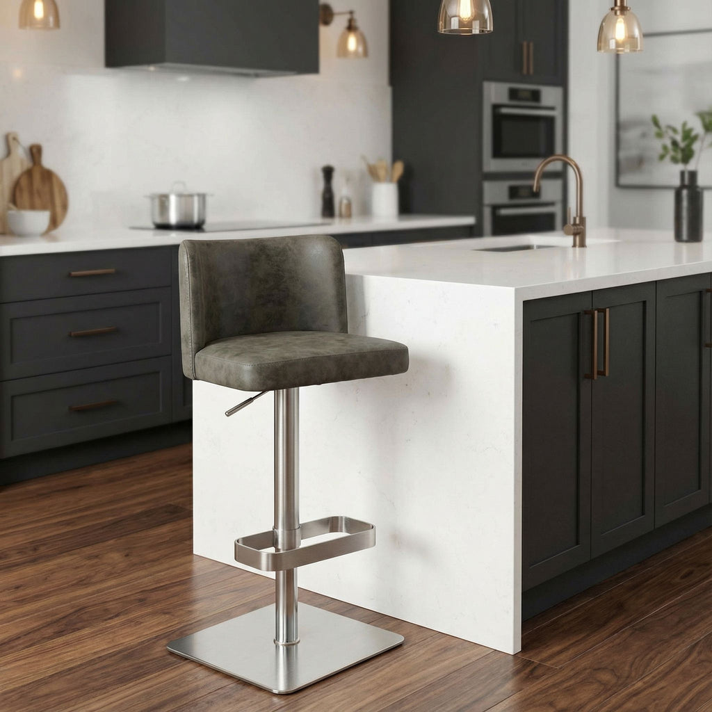 Hercules Adjustable Swivel Barstool in Brushed Stainless Steel with Heavy Solid Base, Retro Grey