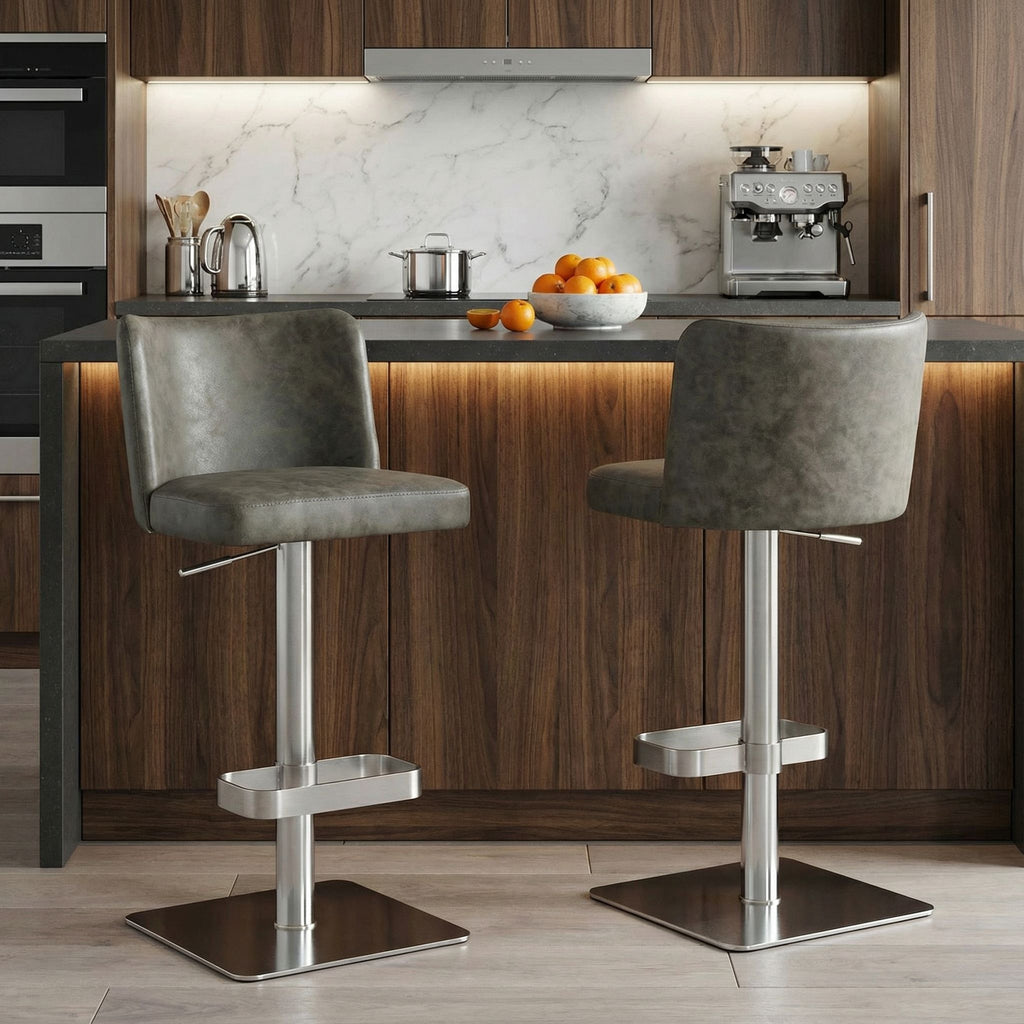 Hercules Adjustable Swivel Barstool in Brushed Stainless Steel with Heavy Solid Base, Retro Grey