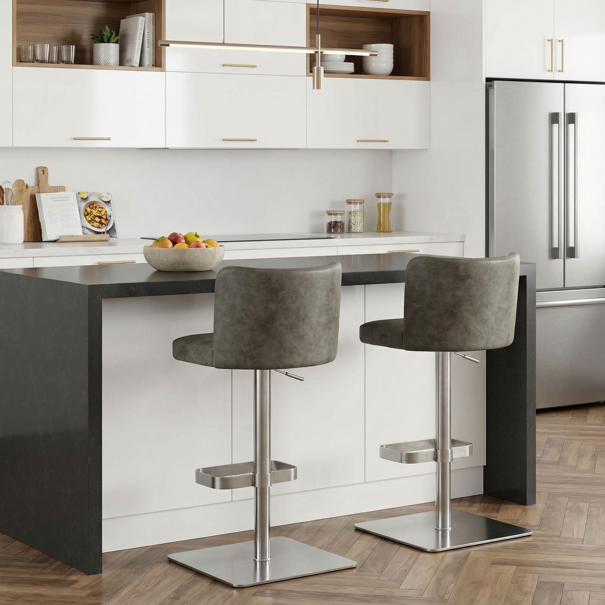 Hercules Adjustable Swivel Barstool in Brushed Stainless Steel with Heavy Solid Base, Retro Grey