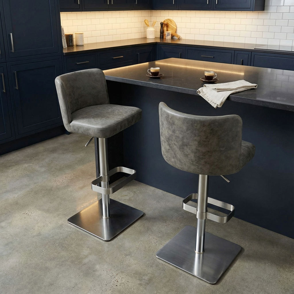 Hercules Adjustable Swivel Barstool in Brushed Stainless Steel with Heavy Solid Base, Retro Grey