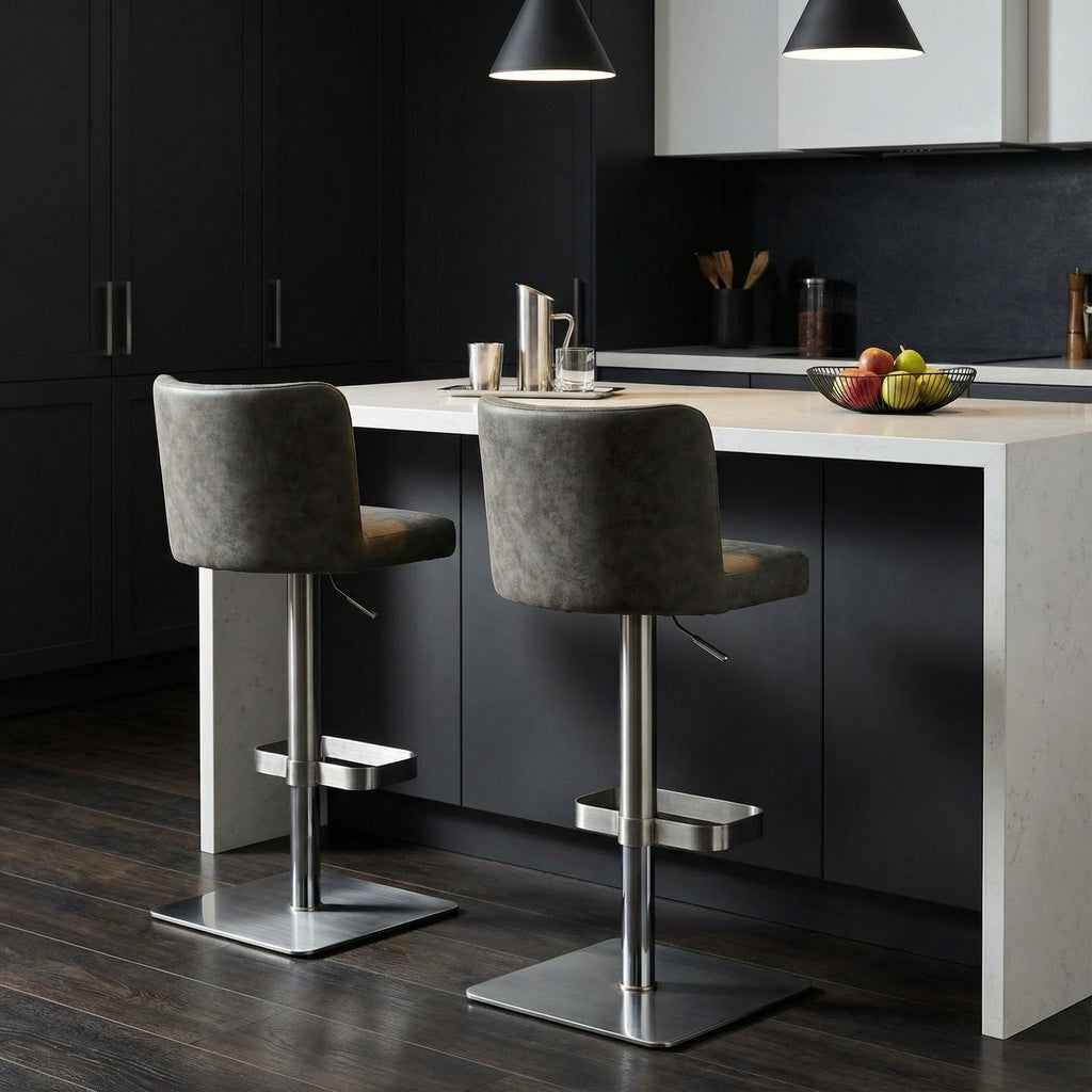 Hercules Adjustable Swivel Barstool in Brushed Stainless Steel with Heavy Solid Base, Retro Grey