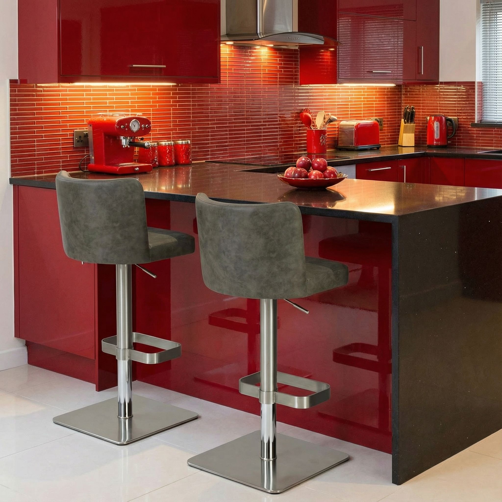 Hercules Adjustable Swivel Barstool in Brushed Stainless Steel with Heavy Solid Base, Retro Grey