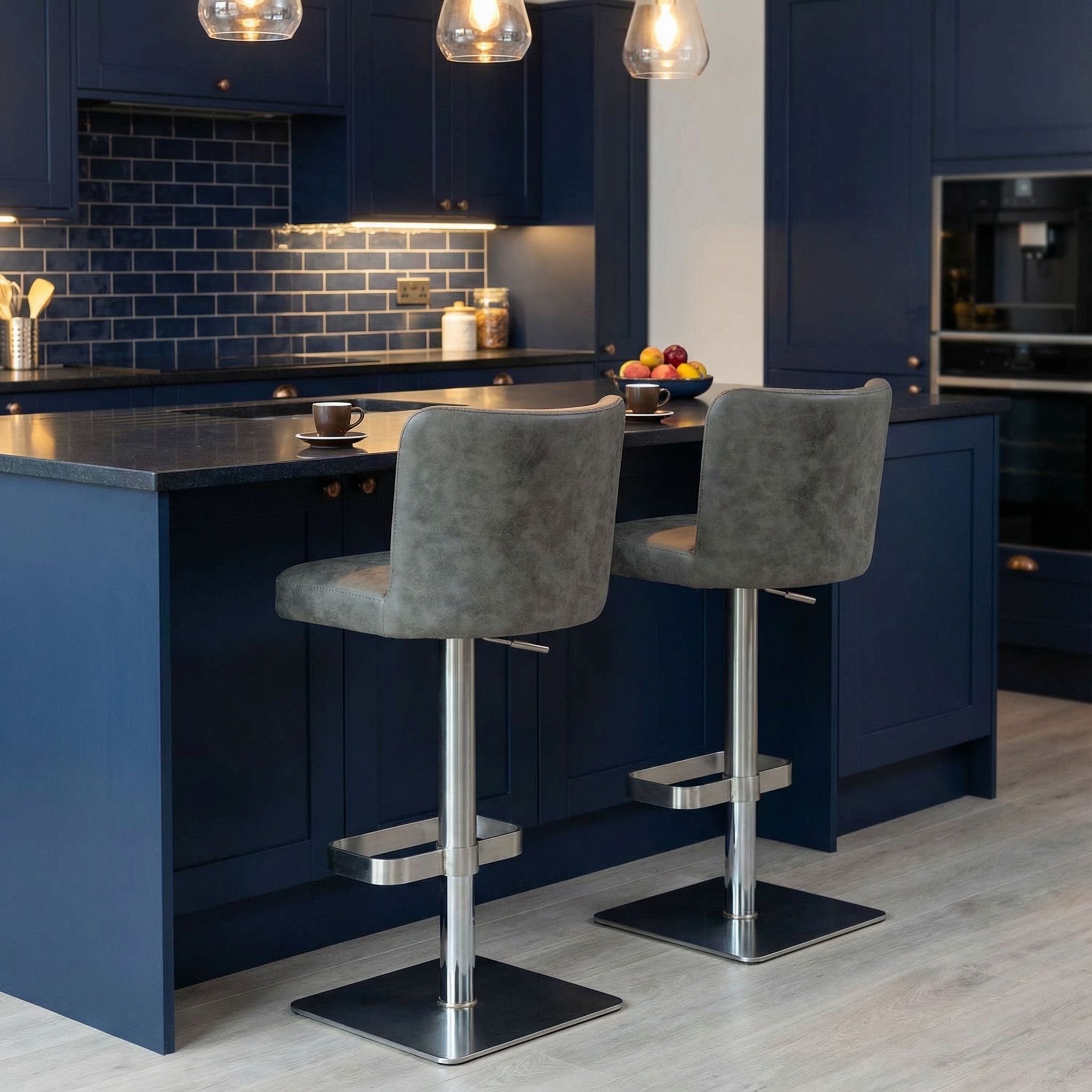Hercules Adjustable Swivel Barstool in Brushed Stainless Steel with Heavy Solid Base, Retro Grey