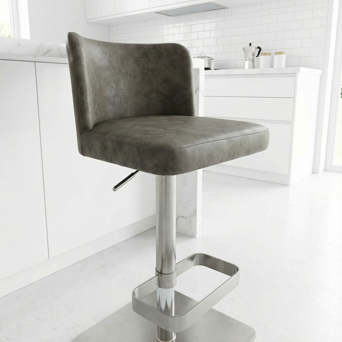 Hercules Adjustable Swivel Barstool in Brushed Stainless Steel with Heavy Solid Base, Retro Grey