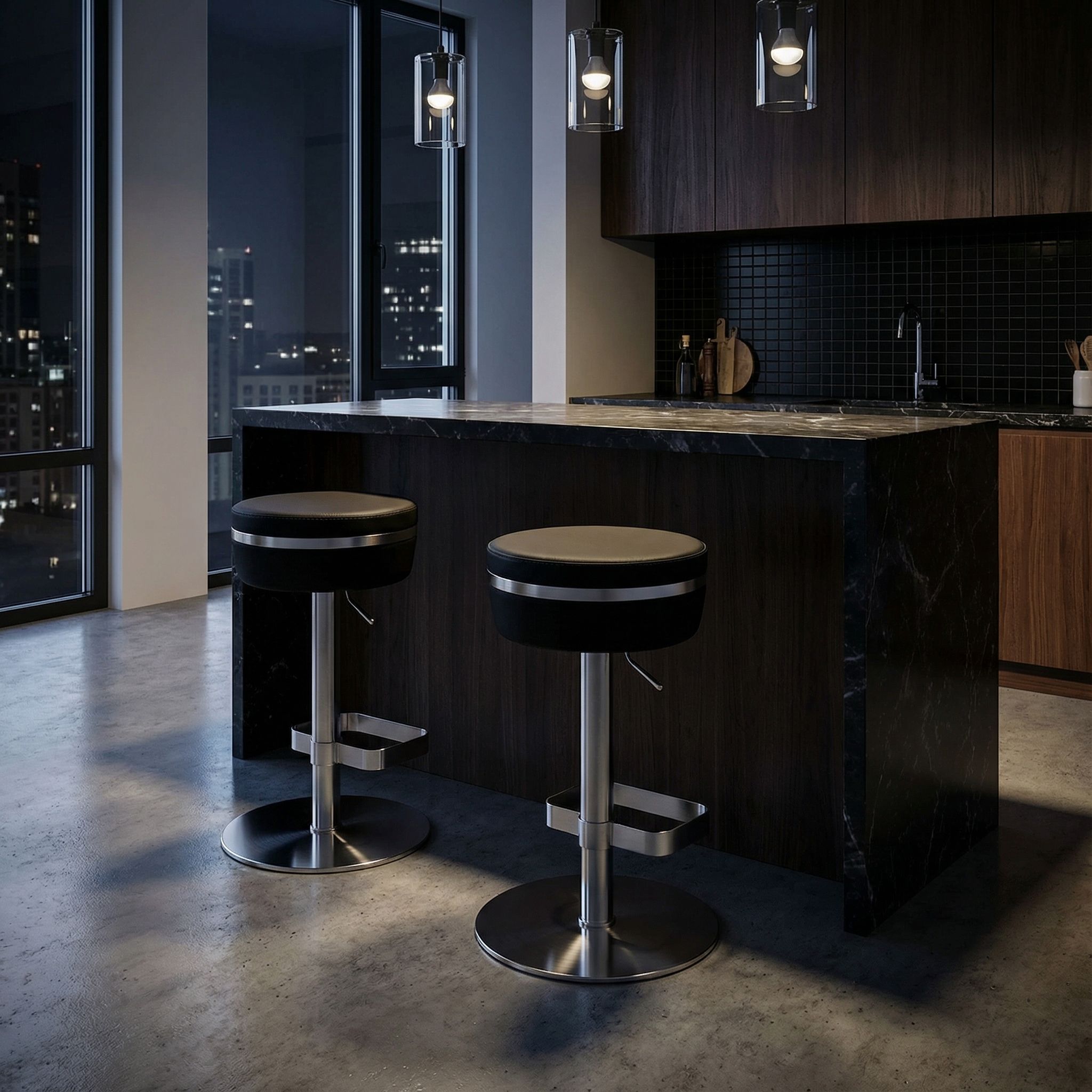 Athena Premium Adjustable Swivel Backless Round Barstool in Brushed Stainless Steel with Heavy Solid Base, Black