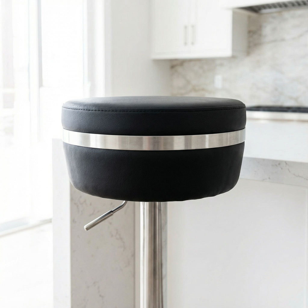 Athena Premium Adjustable Swivel Backless Round Barstool in Brushed Stainless Steel with Heavy Solid Base, Black