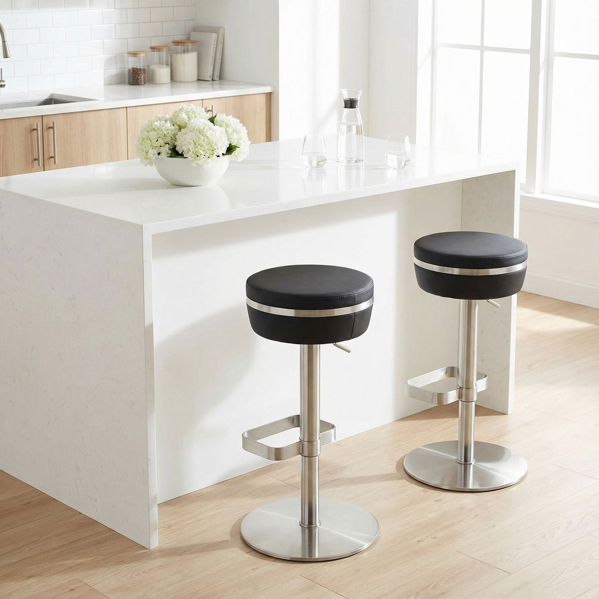 Athena Premium Adjustable Swivel Backless Round Barstool in Brushed Stainless Steel with Heavy Solid Base, Black