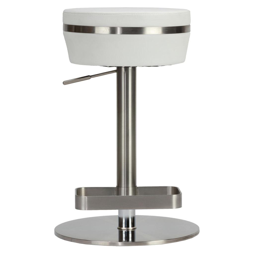 Athena Premium Adjustable Swivel Backless Round Barstool in Brushed Stainless Steel with Heavy Solid Base, Snow White