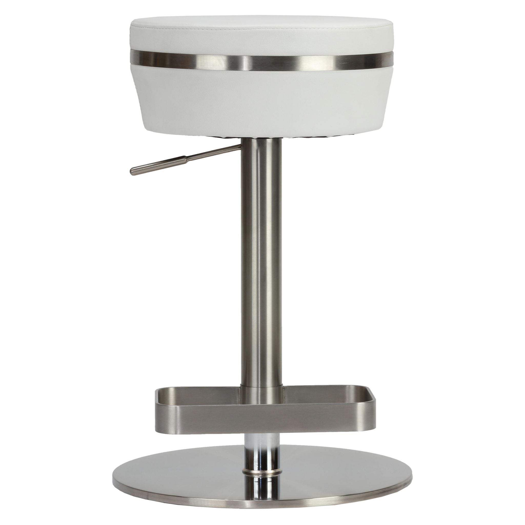 Athena Premium Adjustable Swivel Backless Round Barstool in Brushed Stainless Steel with Heavy Solid Base, Snow White