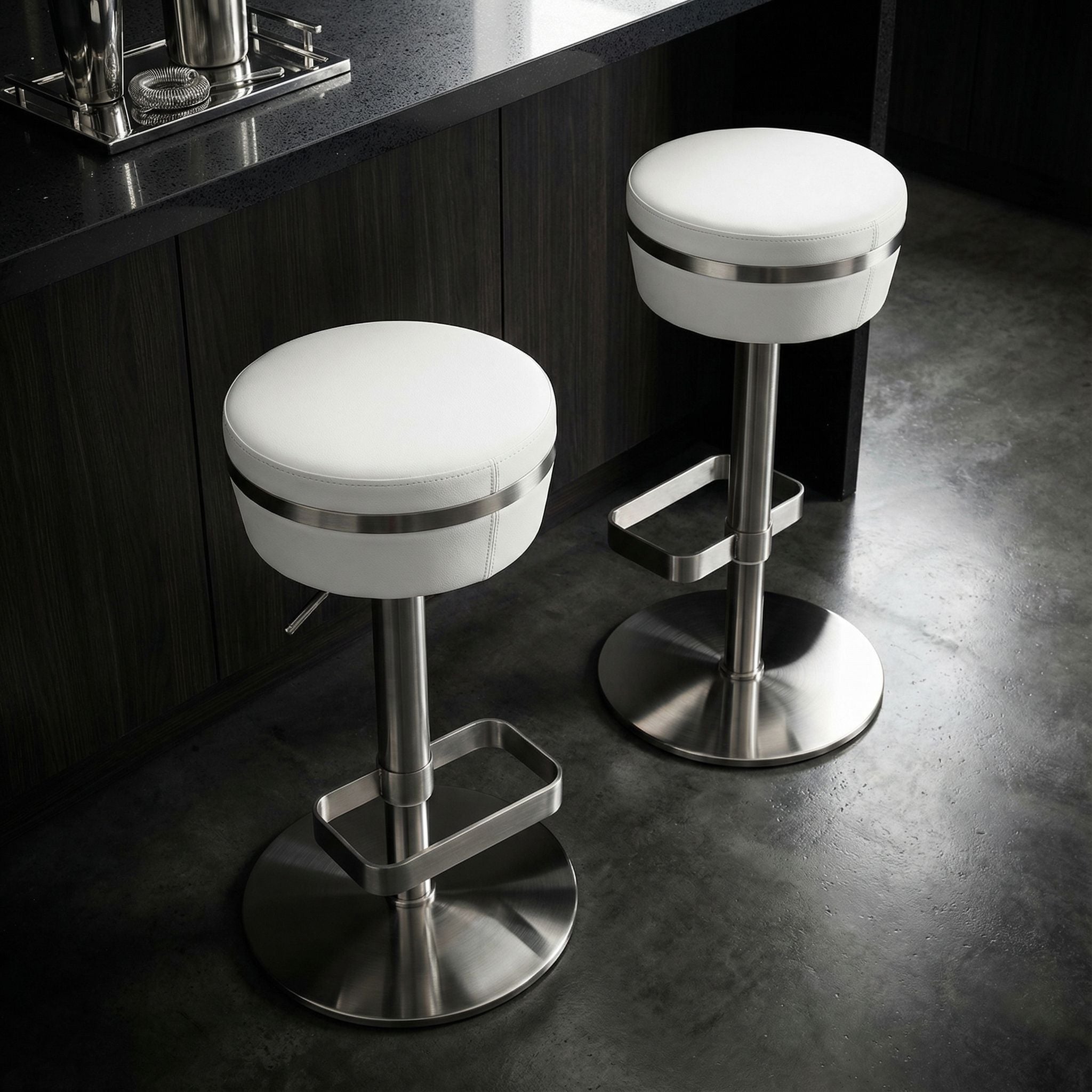 Athena Premium Adjustable Swivel Backless Round Barstool in Brushed Stainless Steel with Heavy Solid Base, Snow White