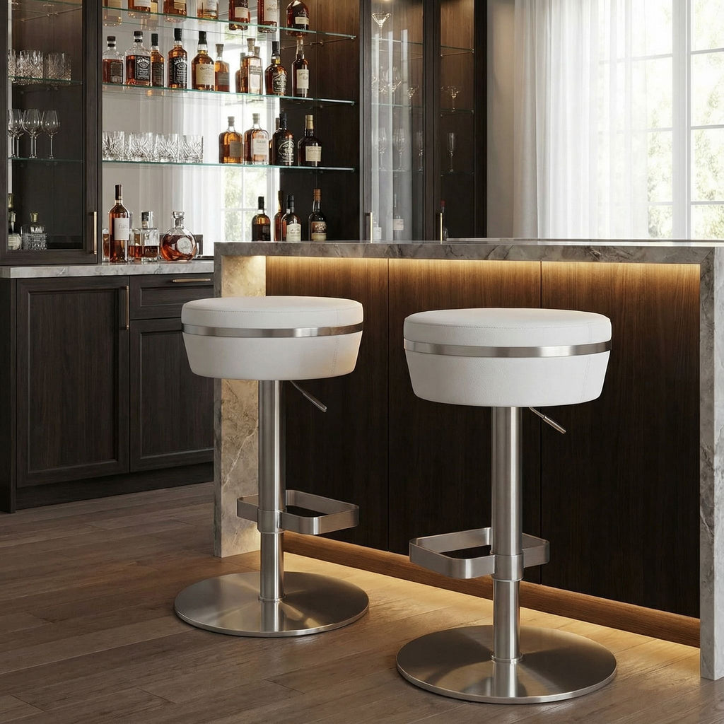 Athena Premium Adjustable Swivel Backless Round Barstool in Brushed Stainless Steel with Heavy Solid Base, Snow White