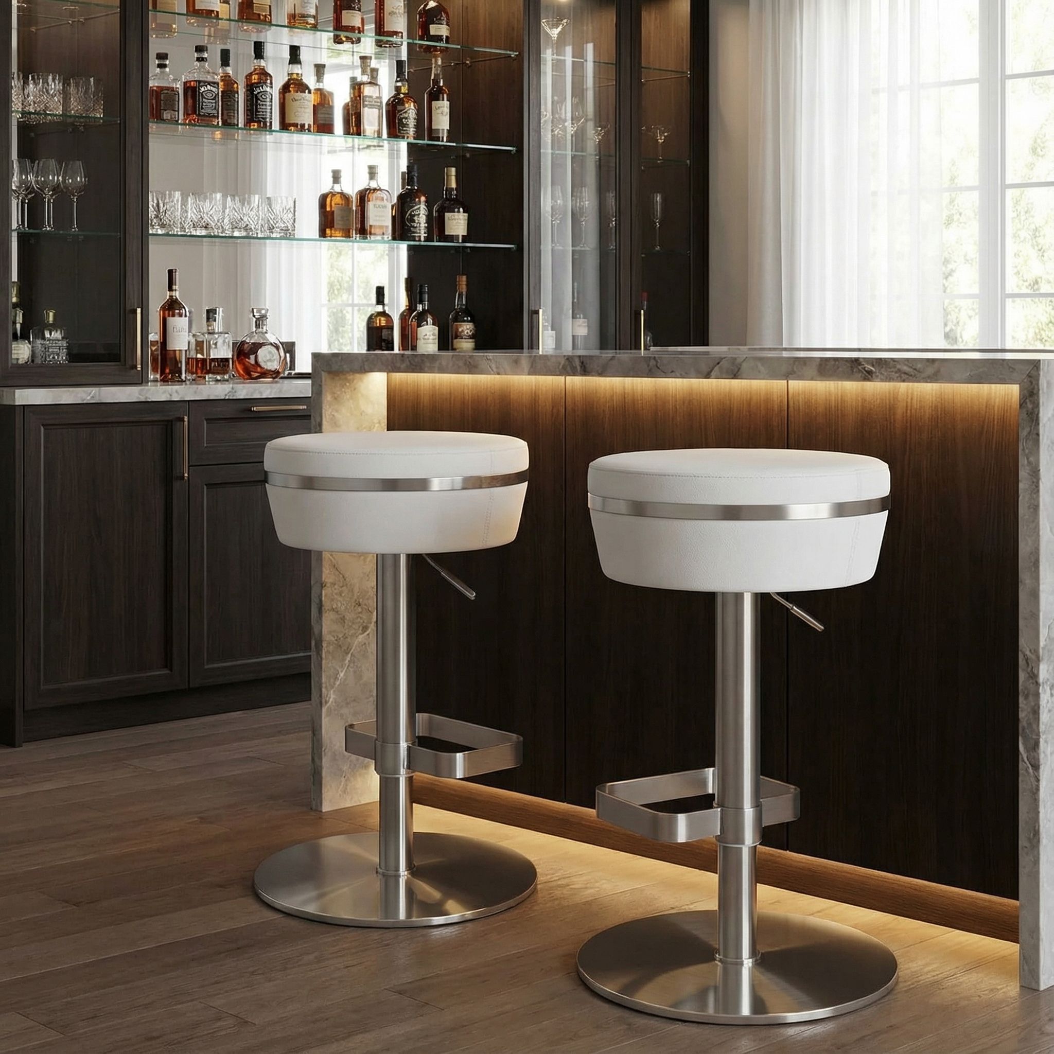 Athena Premium Adjustable Swivel Backless Round Barstool in Brushed Stainless Steel with Heavy Solid Base, Snow White