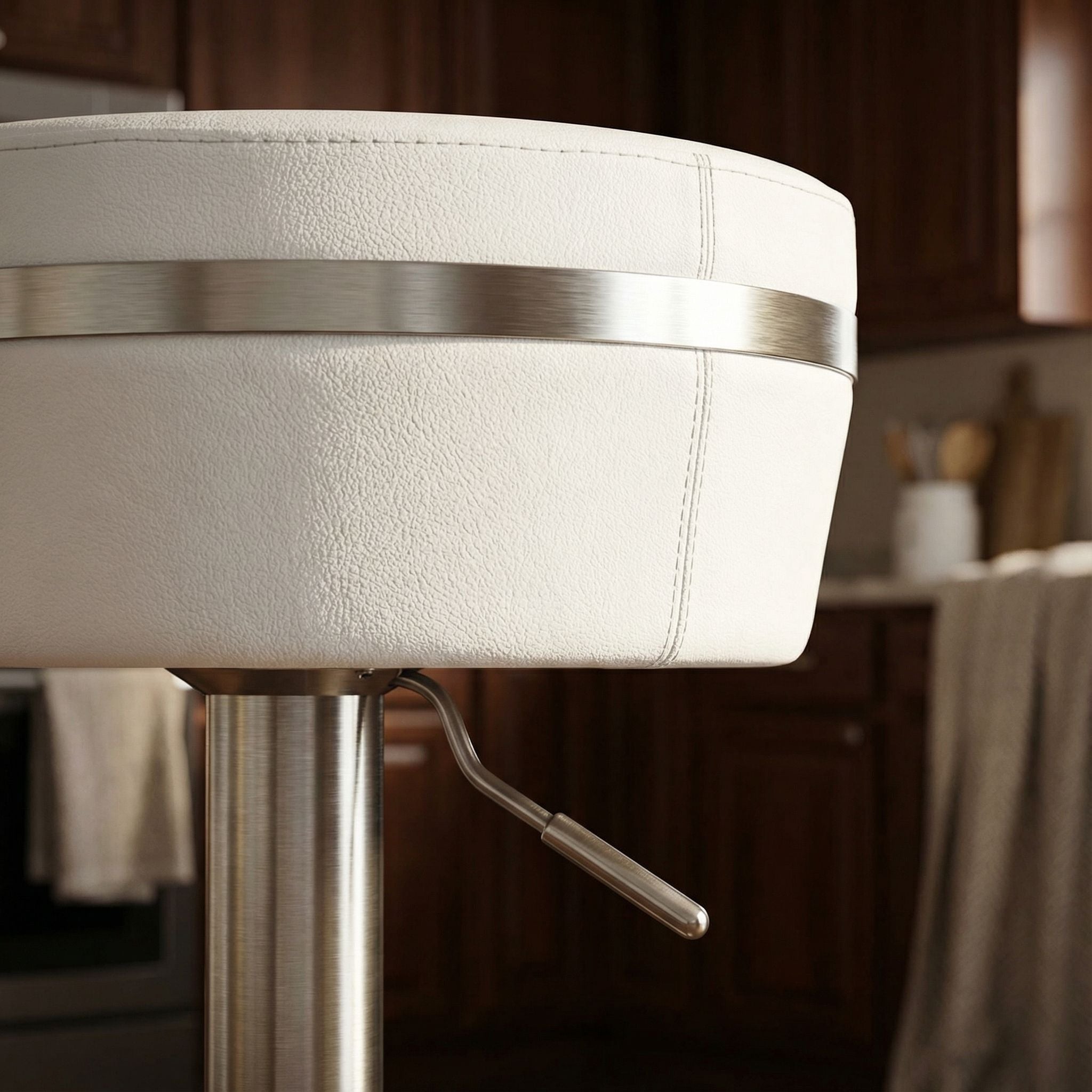 Athena Premium Adjustable Swivel Backless Round Barstool in Brushed Stainless Steel with Heavy Solid Base, Snow White