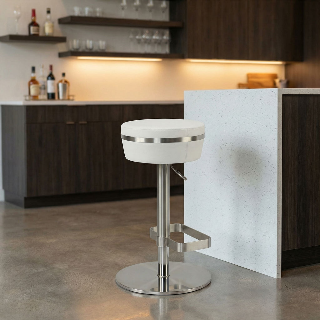 Athena Premium Adjustable Swivel Backless Round Barstool in Brushed Stainless Steel with Heavy Solid Base, Snow White