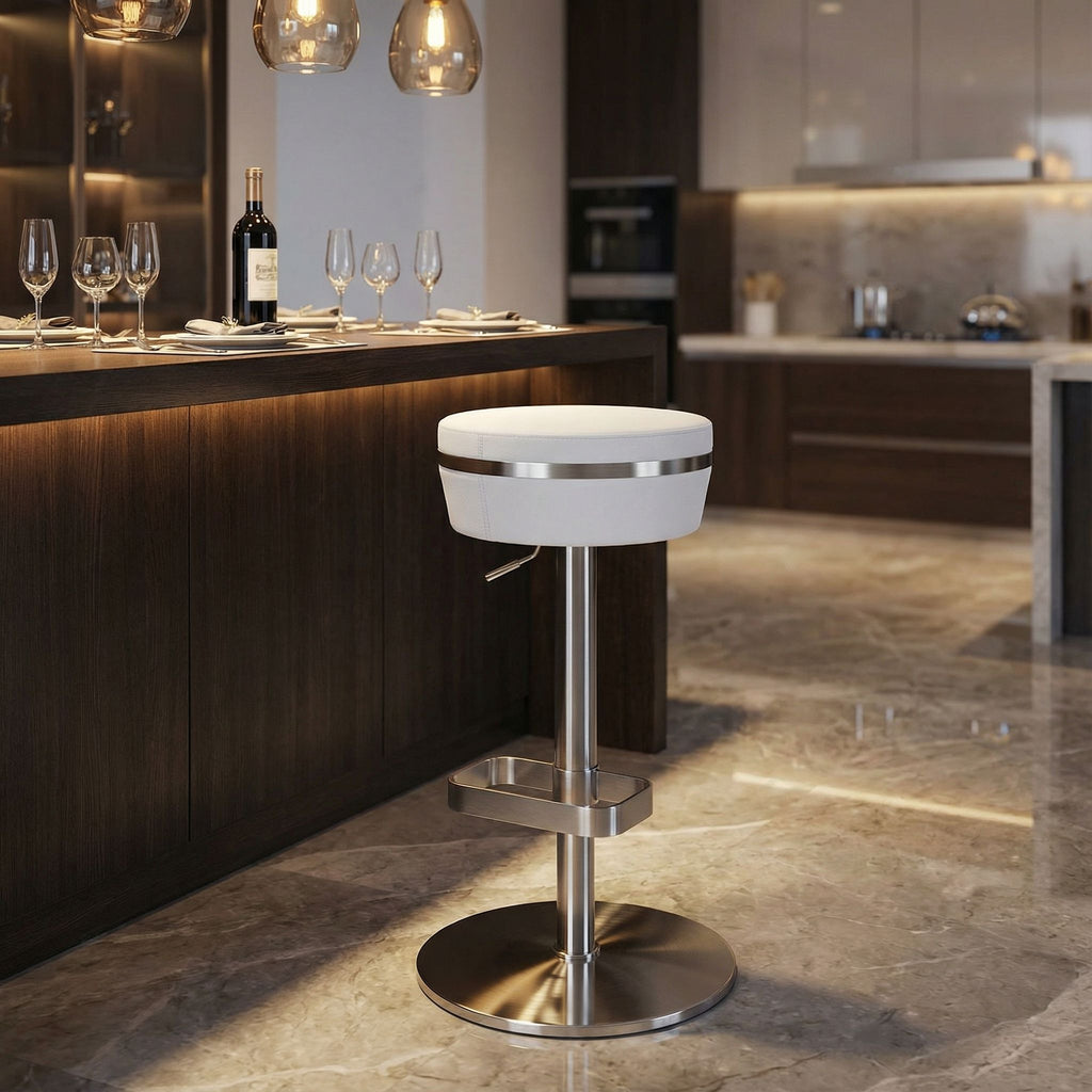 Athena Premium Adjustable Swivel Backless Round Barstool in Brushed Stainless Steel with Heavy Solid Base, Snow White