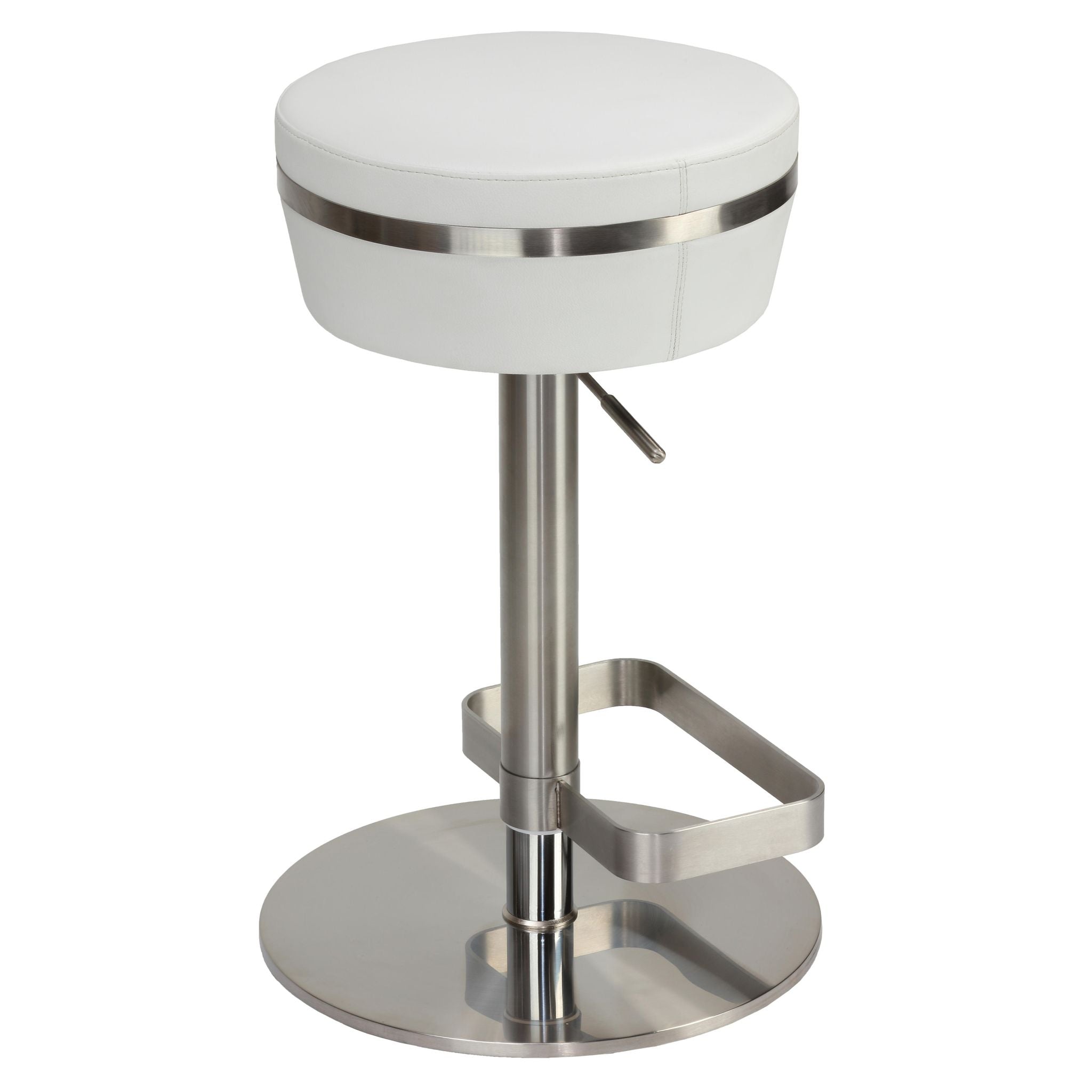 Athena Premium Adjustable Swivel Backless Round Barstool in Brushed Stainless Steel with Heavy Solid Base, Snow White
