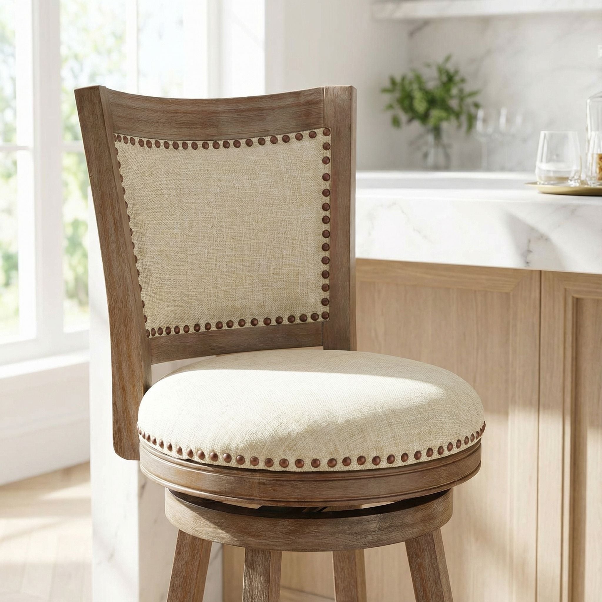 Marko Bar Stool Beige Fabric Swivel Seat with Padded Back, 29" Seat