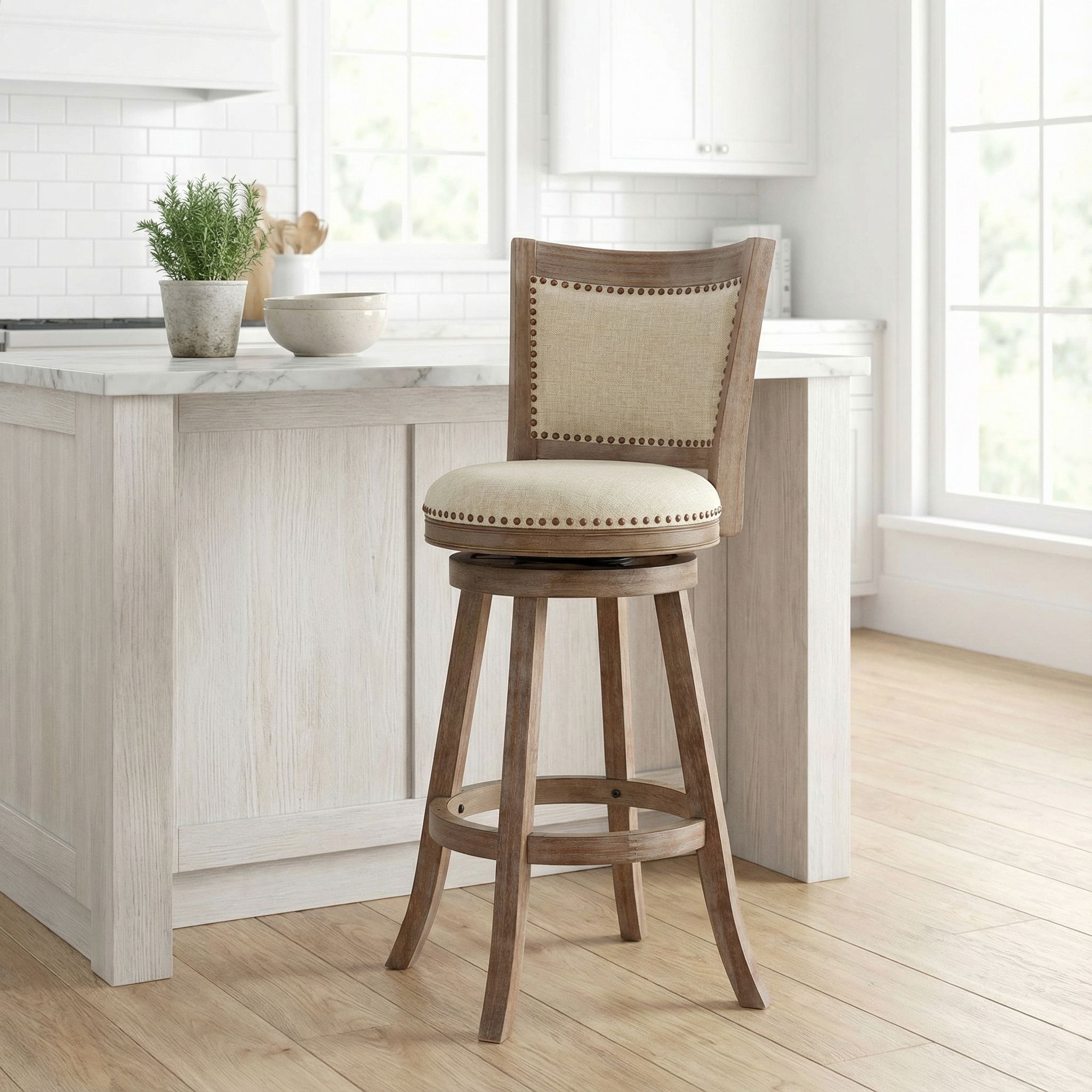 Marko Bar Stool Beige Fabric Swivel Seat with Padded Back, 29" Seat