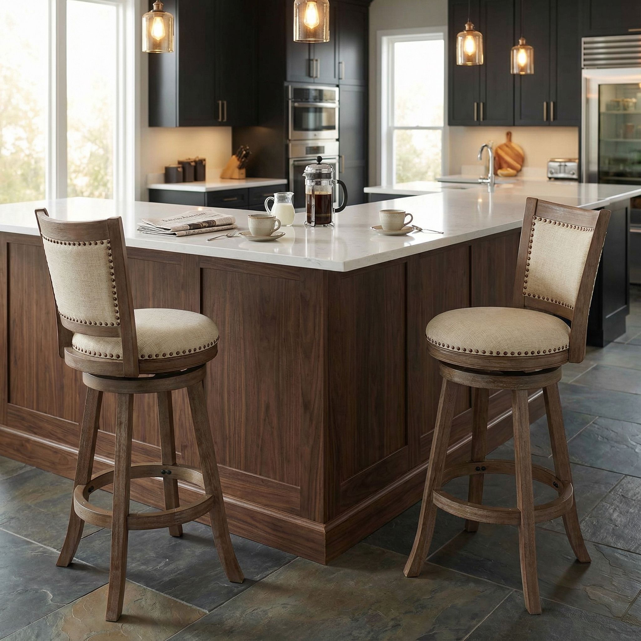 Marko Bar Stool Beige Fabric Swivel Seat with Padded Back, 29" Seat