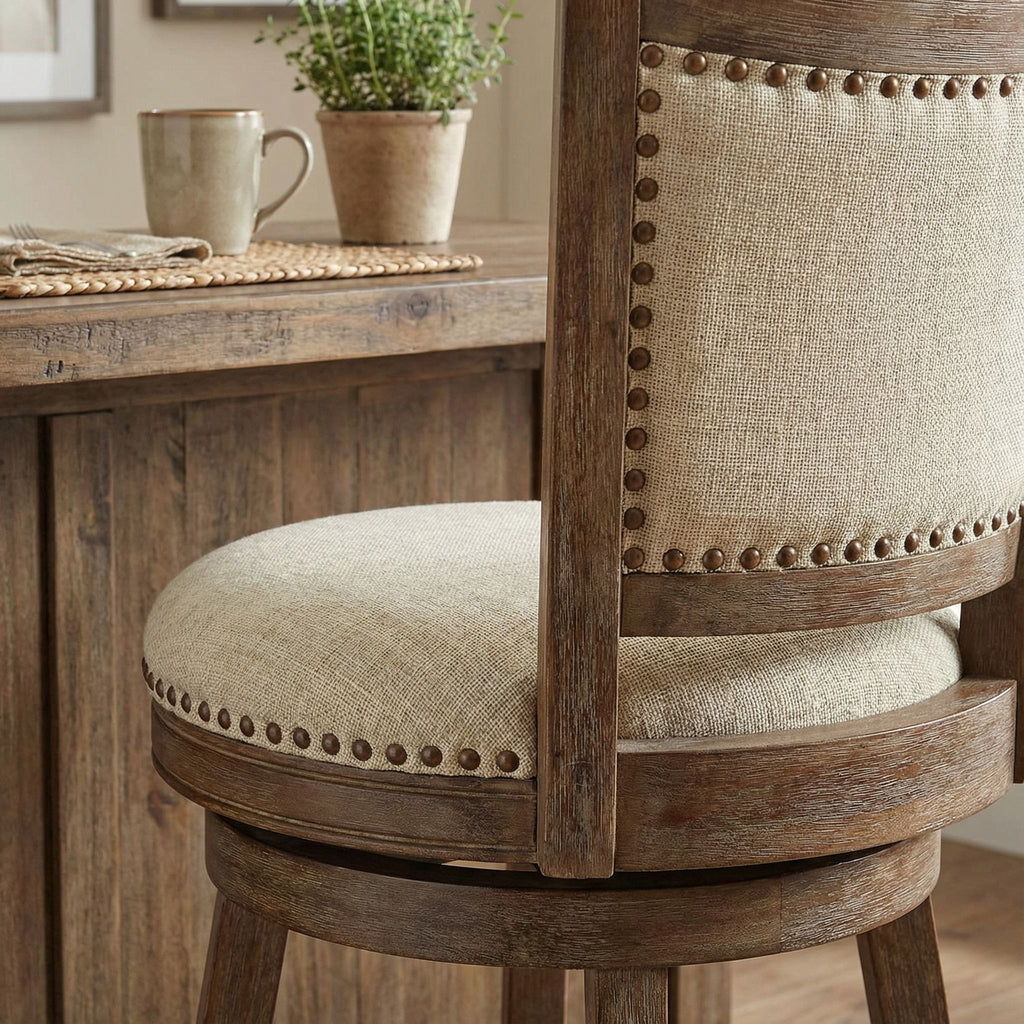 Marko Bar Stool Beige Fabric Swivel Seat with Padded Back, 29" Seat