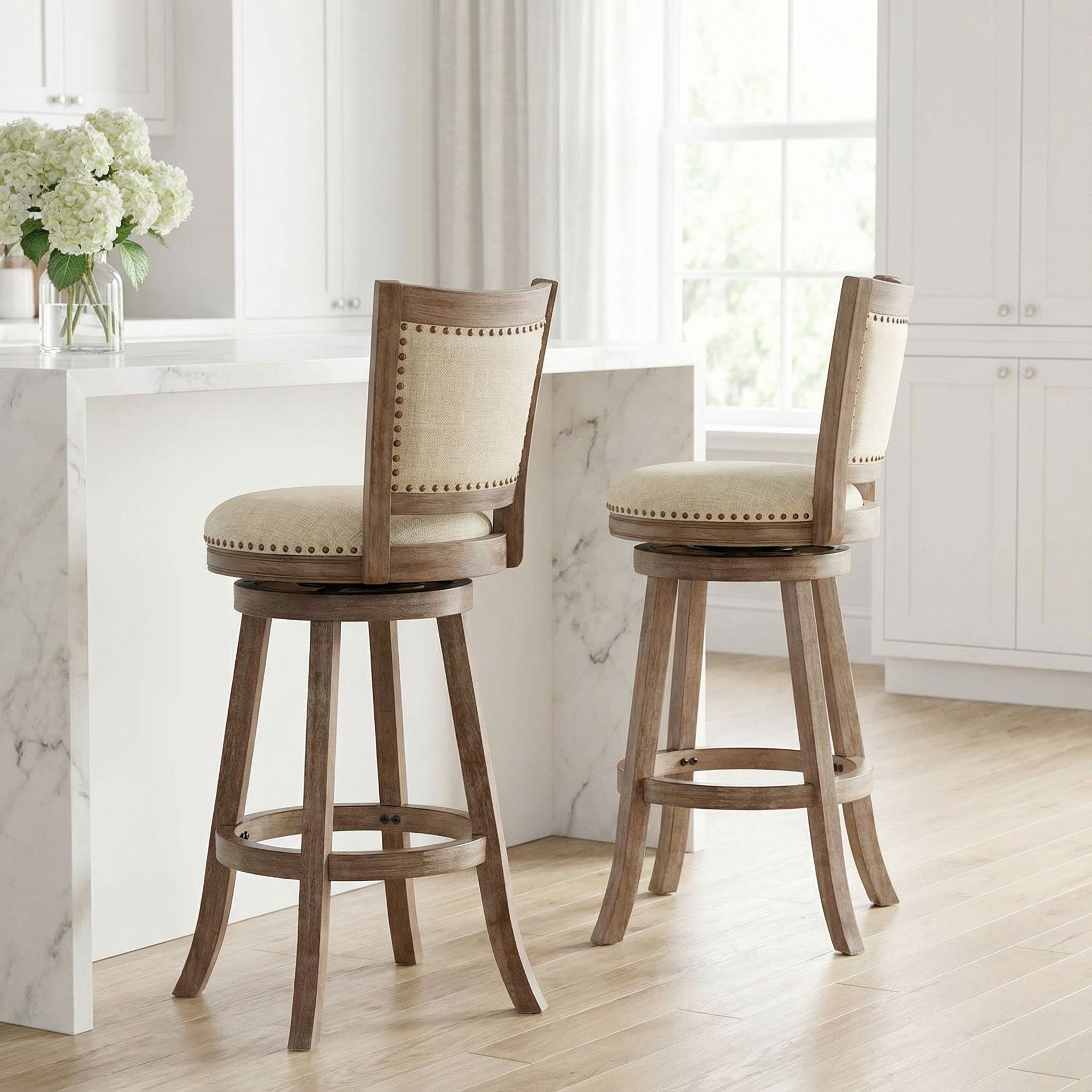 Marko Bar Stool Beige Fabric Swivel Seat with Padded Back, 29" Seat