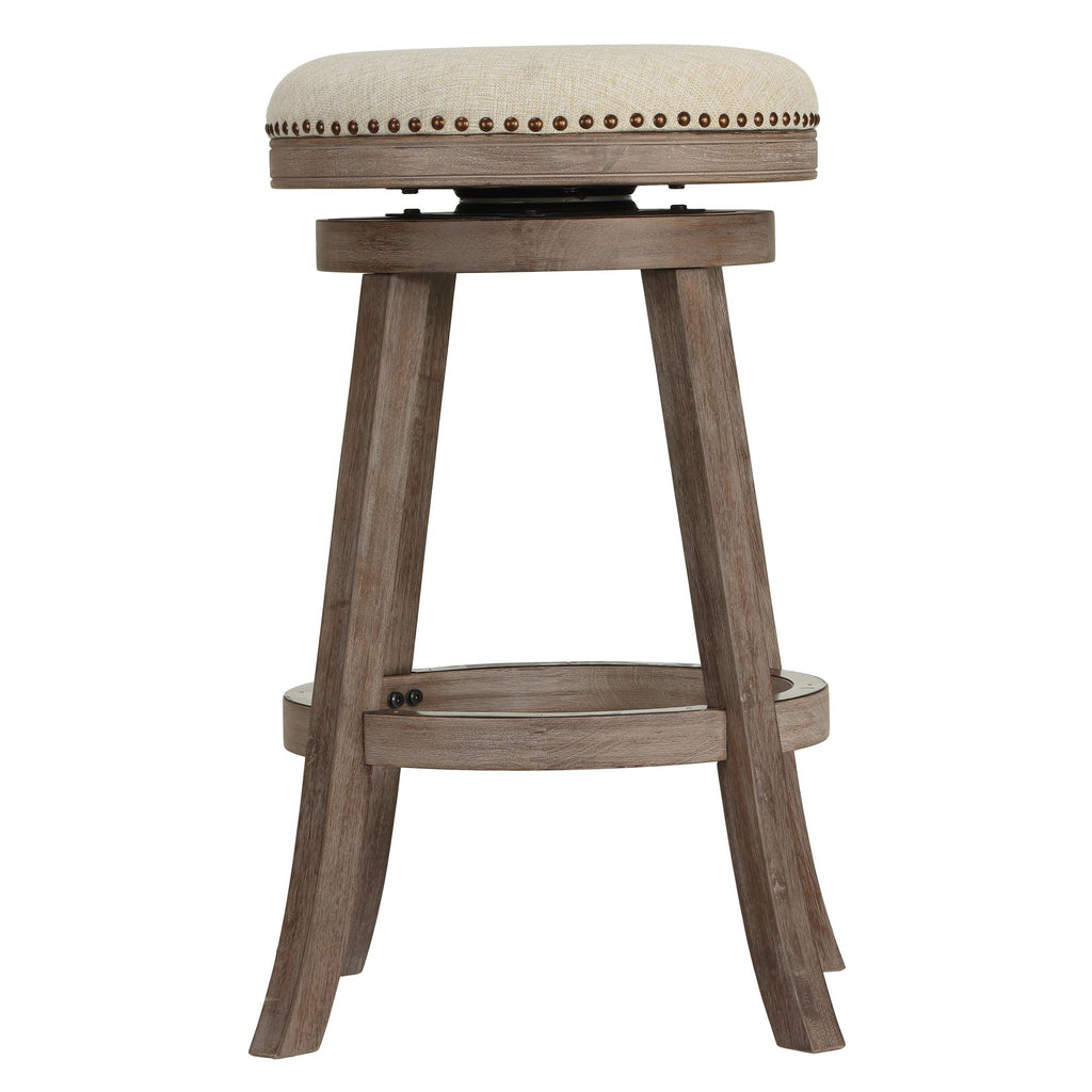 Piper Backless Swivel Bar Stool in Solid Wood and Beige Fabric, 30" H