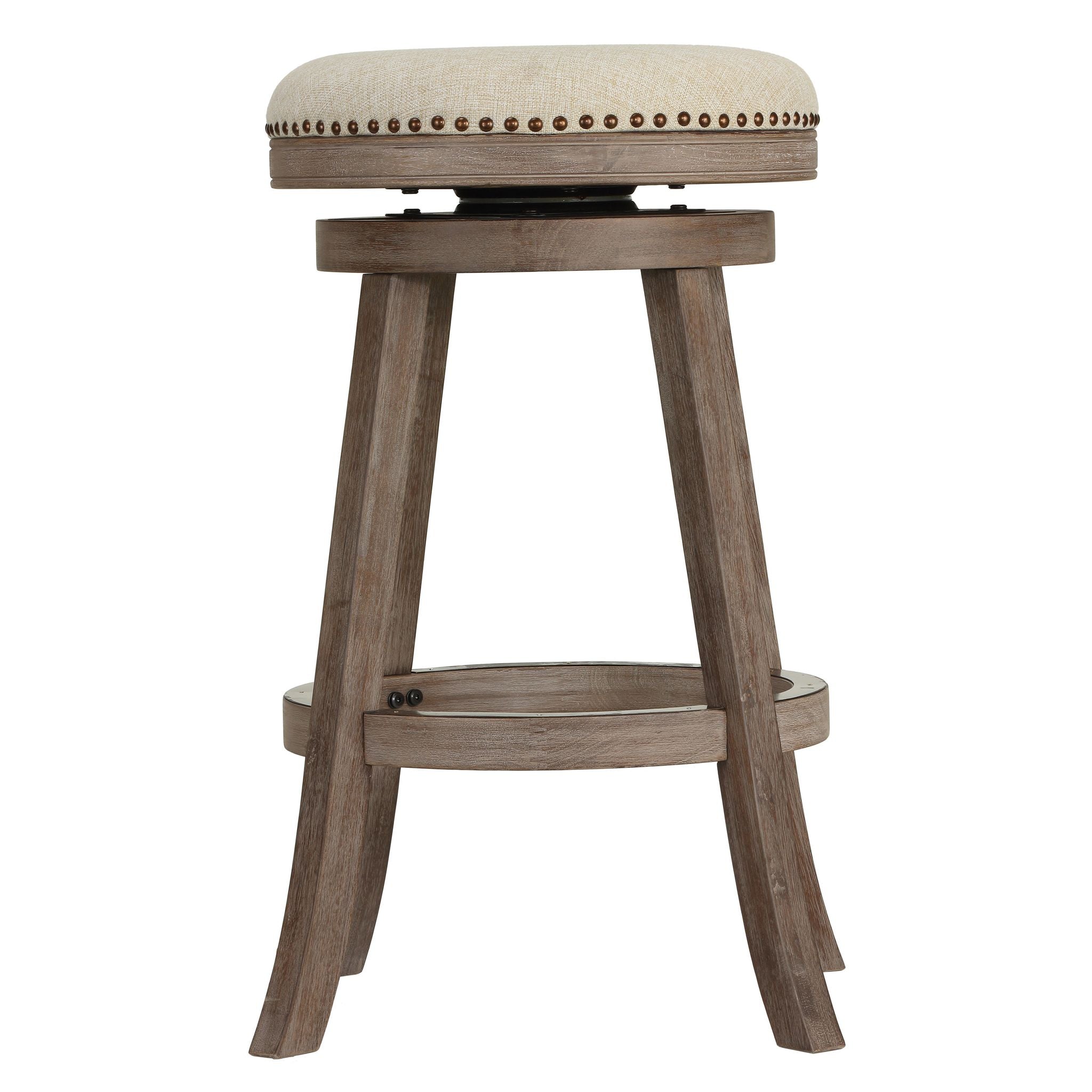 Piper Backless Swivel Bar Stool in Solid Wood and Beige Fabric, 30" H