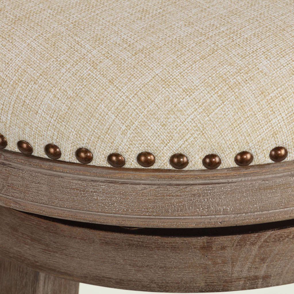 Piper Backless Swivel Bar Stool in Solid Wood and Beige Fabric, 30" H