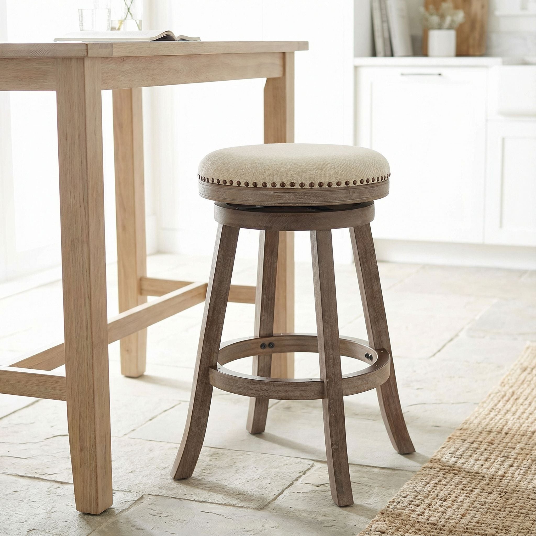 Piper Backless Swivel Bar Stool in Solid Wood and Beige Fabric, 30" H