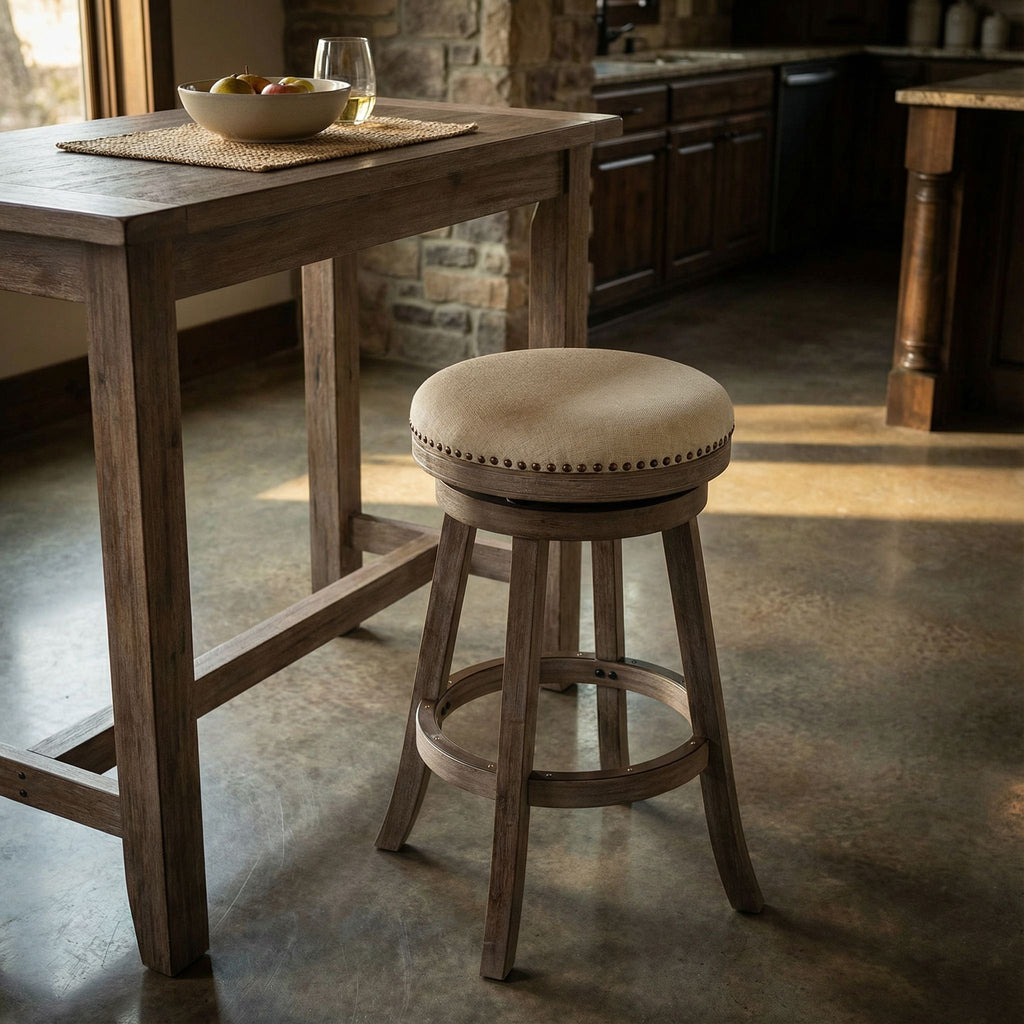 Piper Backless Swivel Bar Stool in Solid Wood and Beige Fabric, 30" H