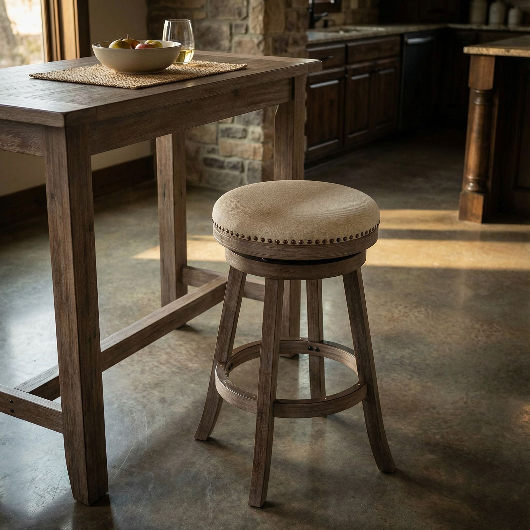 Piper Backless Swivel Bar Stool in Solid Wood and Beige Fabric, 30" H