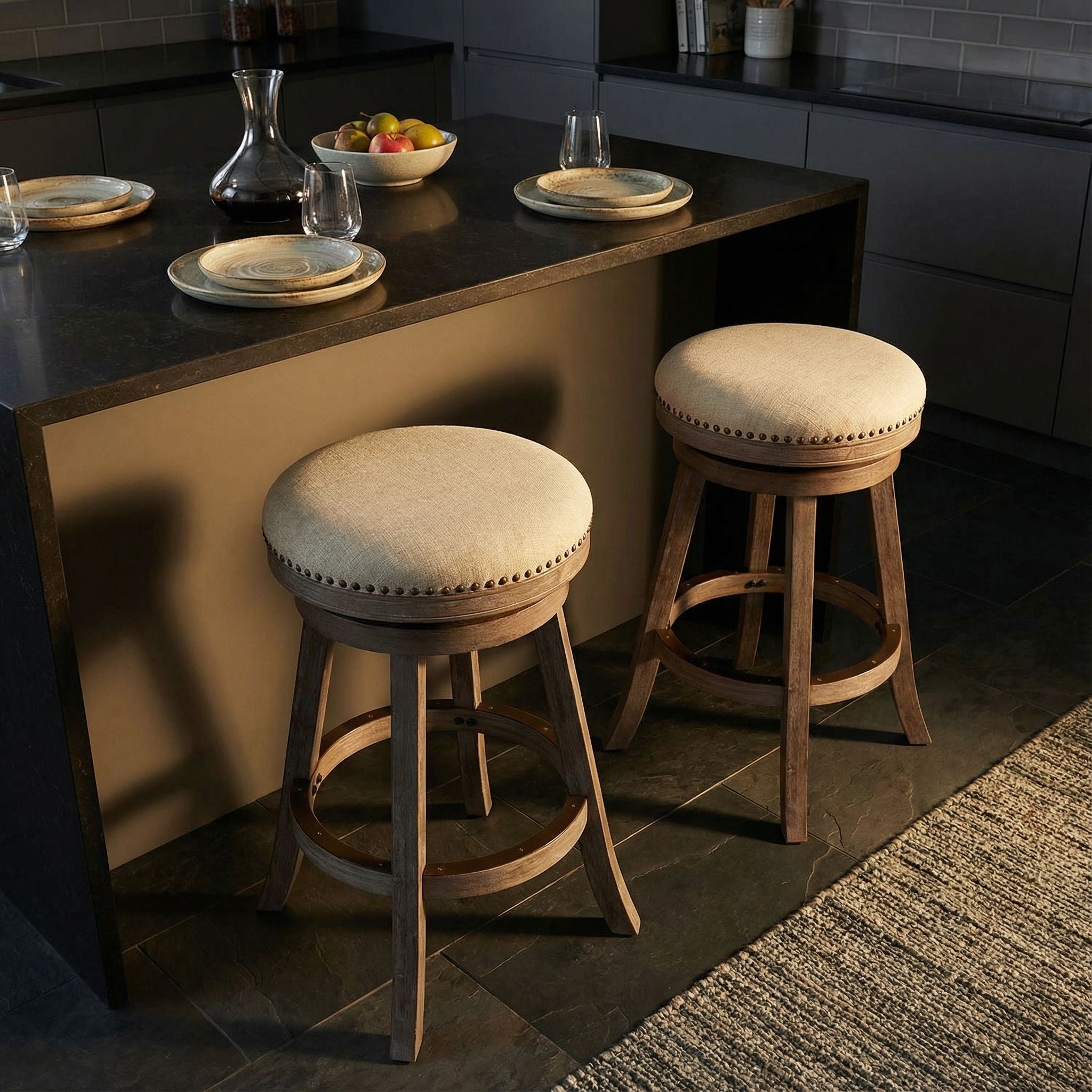 Piper Backless Swivel Bar Stool in Solid Wood and Beige Fabric, 30" H