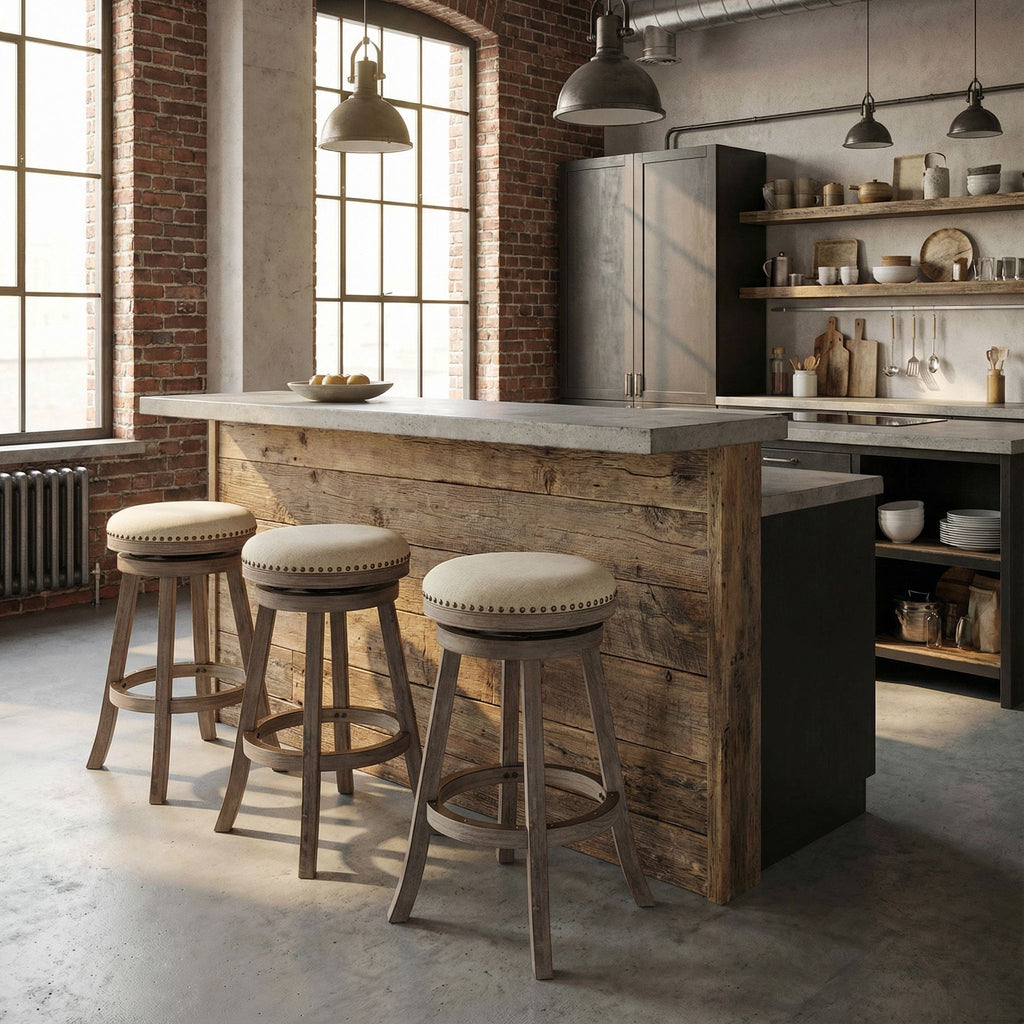 Piper Backless Swivel Bar Stool in Solid Wood and Beige Fabric, 30" H