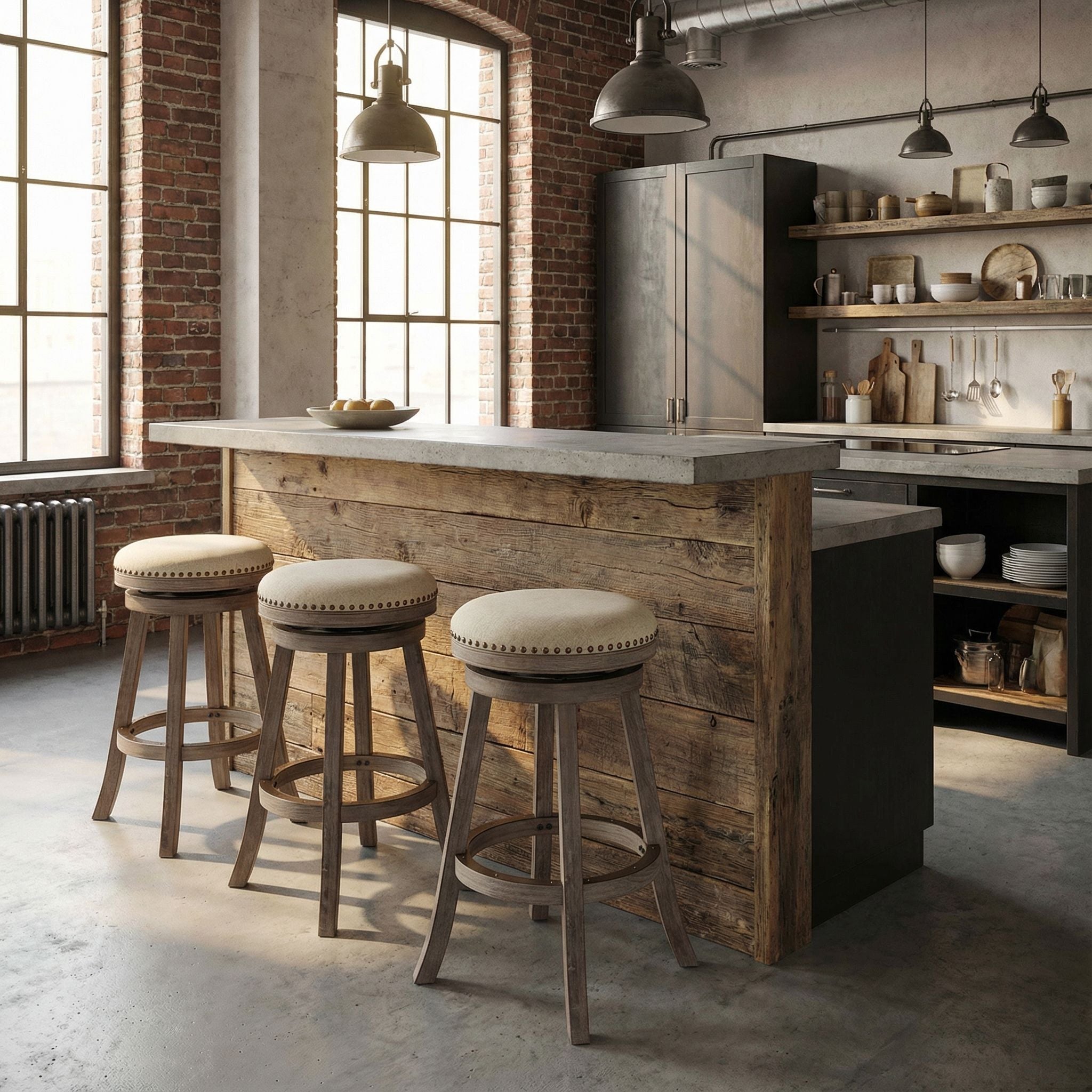 Piper Backless Swivel Bar Stool in Solid Wood and Beige Fabric, 30" H