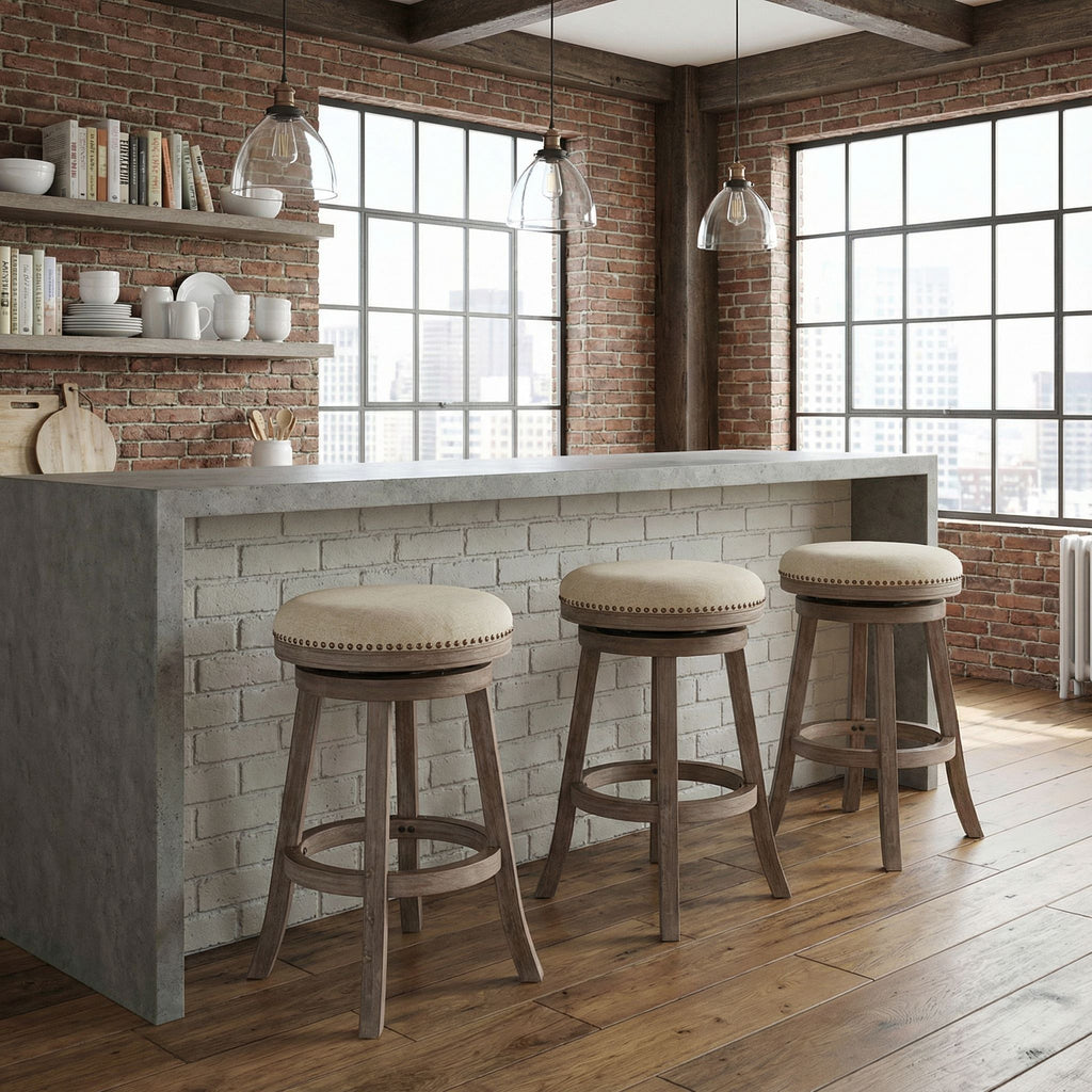 Piper Backless Swivel Bar Stool in Solid Wood and Beige Fabric, 30" H