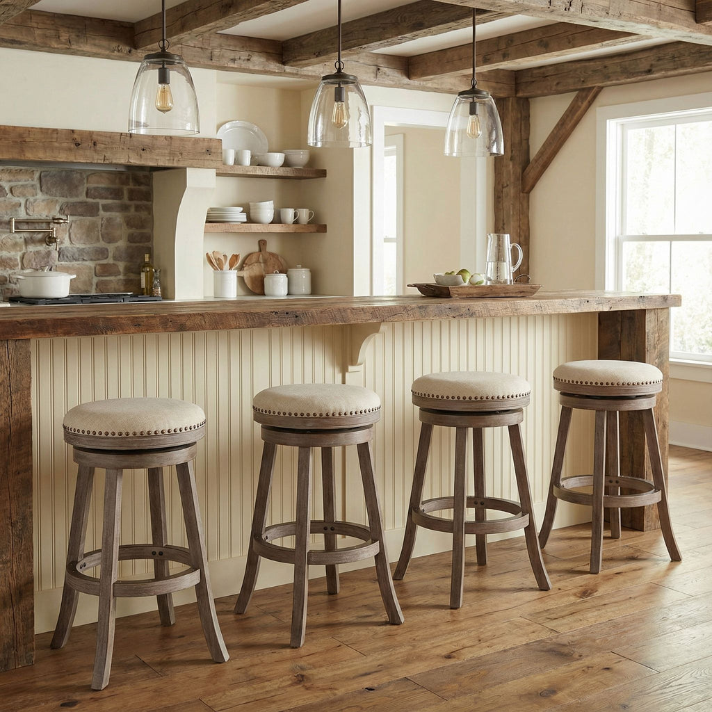 Piper Backless Swivel Bar Stool in Solid Wood and Beige Fabric, 30" H