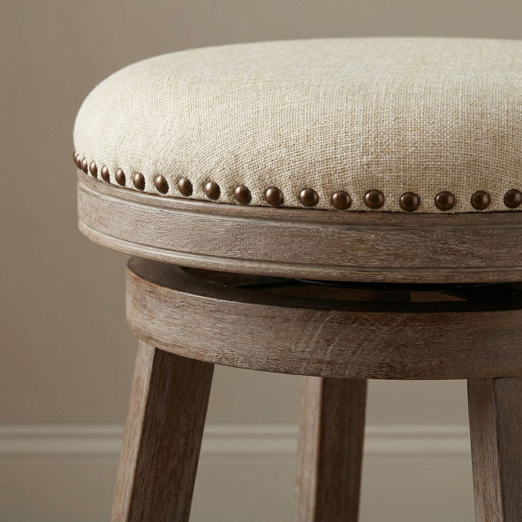 Piper Backless Swivel Bar Stool in Solid Wood and Beige Fabric, 30" H