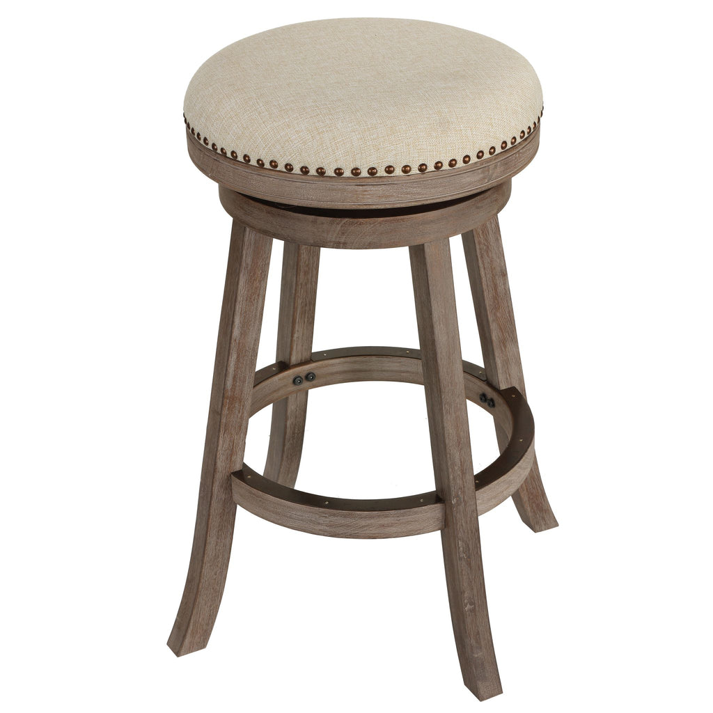 Piper Backless Swivel Bar Stool in Solid Wood and Beige Fabric, 30" H