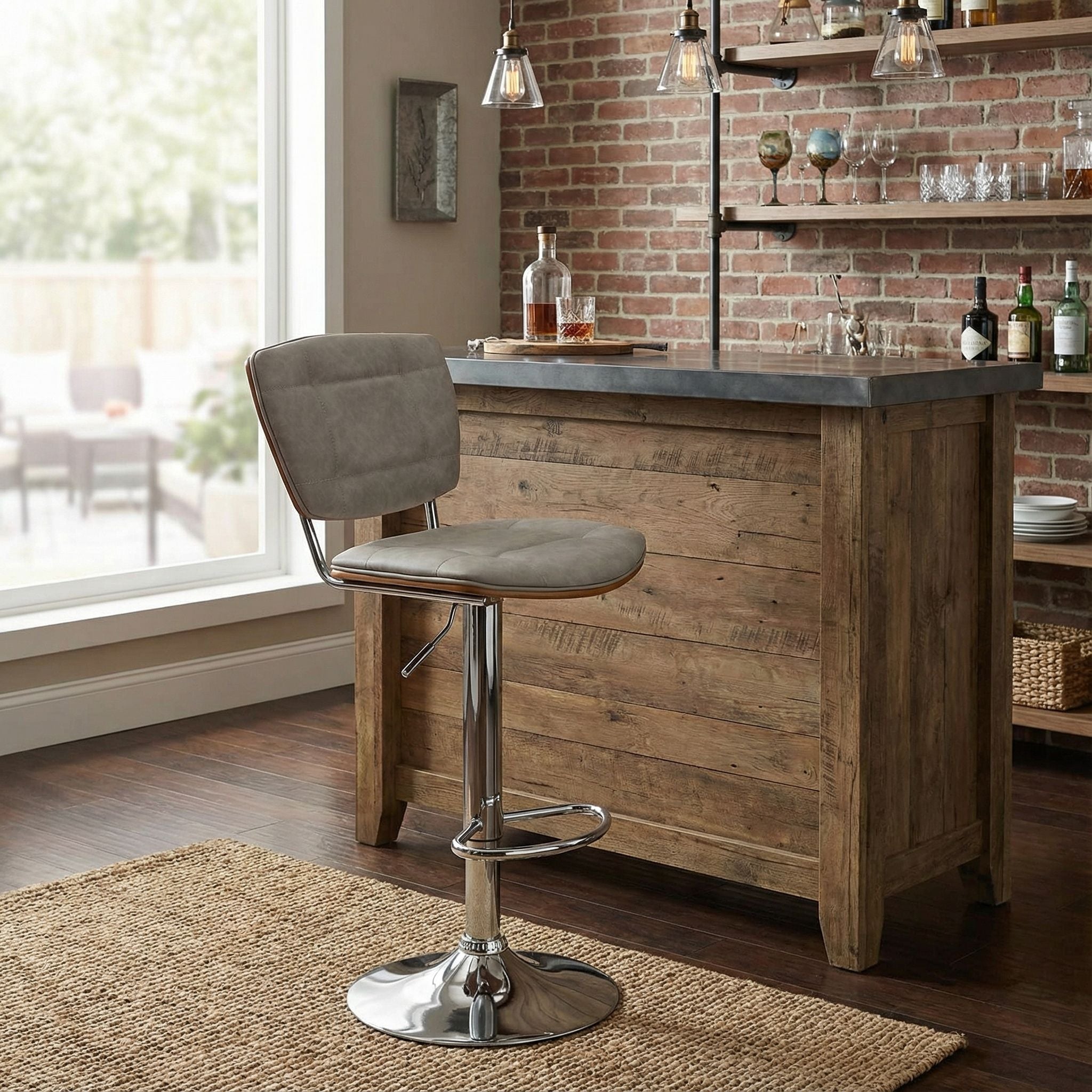 Carmen Adjustable Barstool or Counterstool, Antique Grey and Walnut Veneer