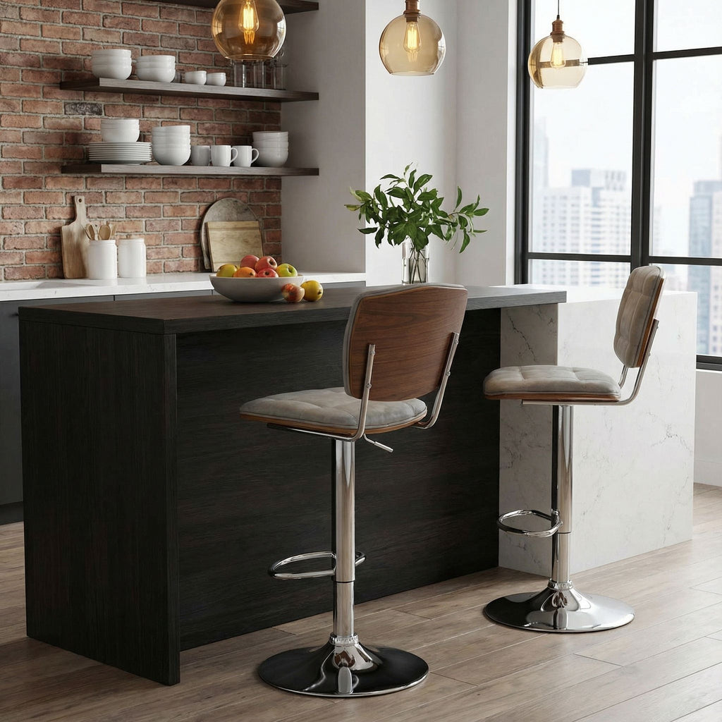 Carmen Adjustable Barstool or Counterstool, Antique Grey and Walnut Veneer