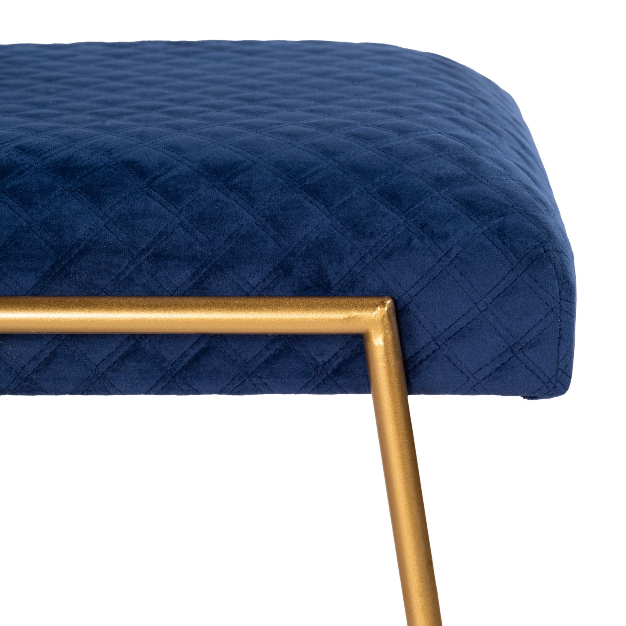 Neptune Bench Ottoman in Blue Fabric, Painted Gold Metal Base