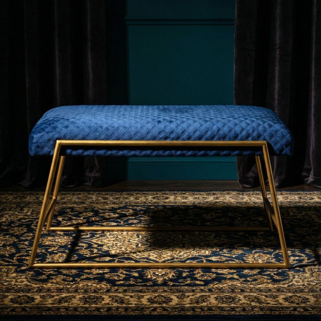 Neptune Bench Ottoman in Blue Fabric, Painted Gold Metal Base