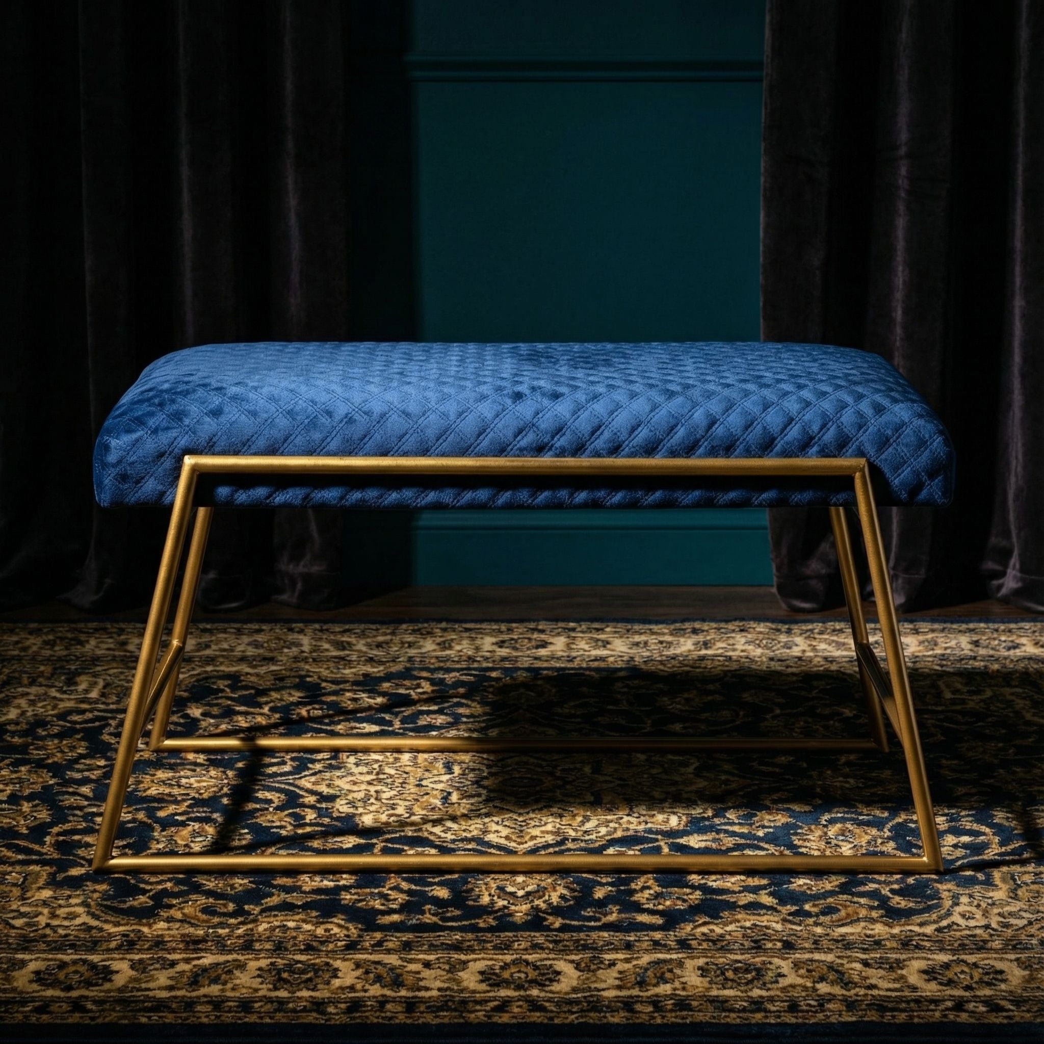 Neptune Bench Ottoman in Blue Fabric, Painted Gold Metal Base