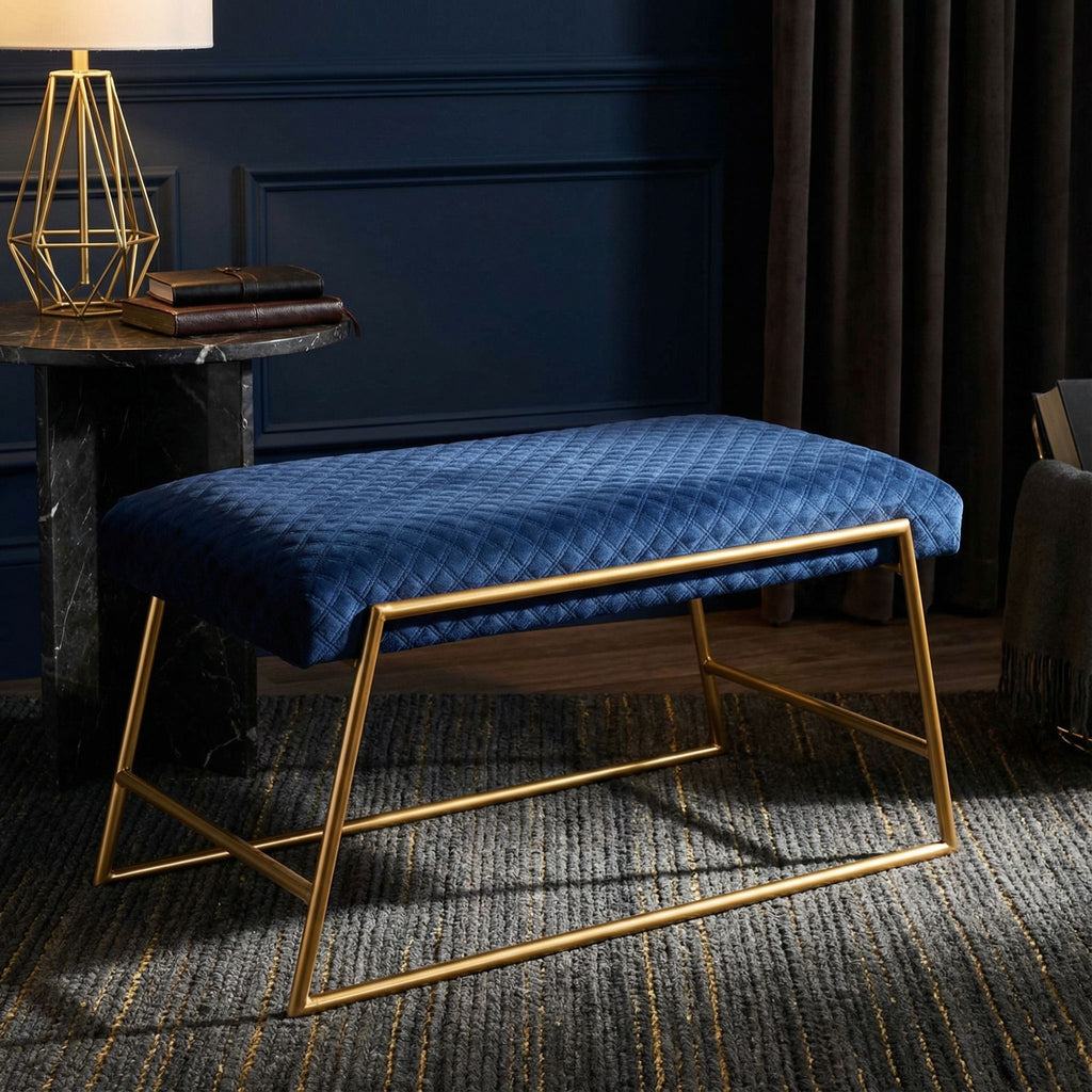 Neptune Bench Ottoman in Blue Fabric, Painted Gold Metal Base
