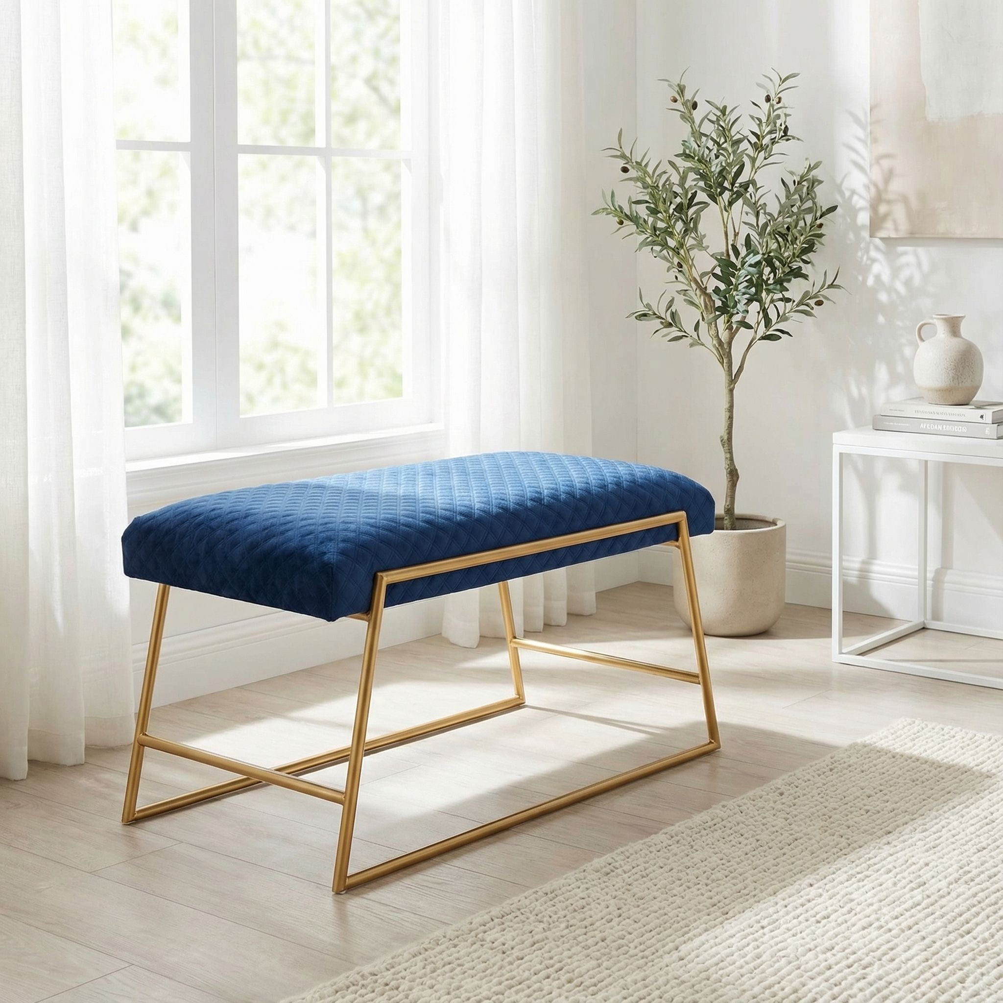 Neptune Bench Ottoman in Blue Fabric, Painted Gold Metal Base