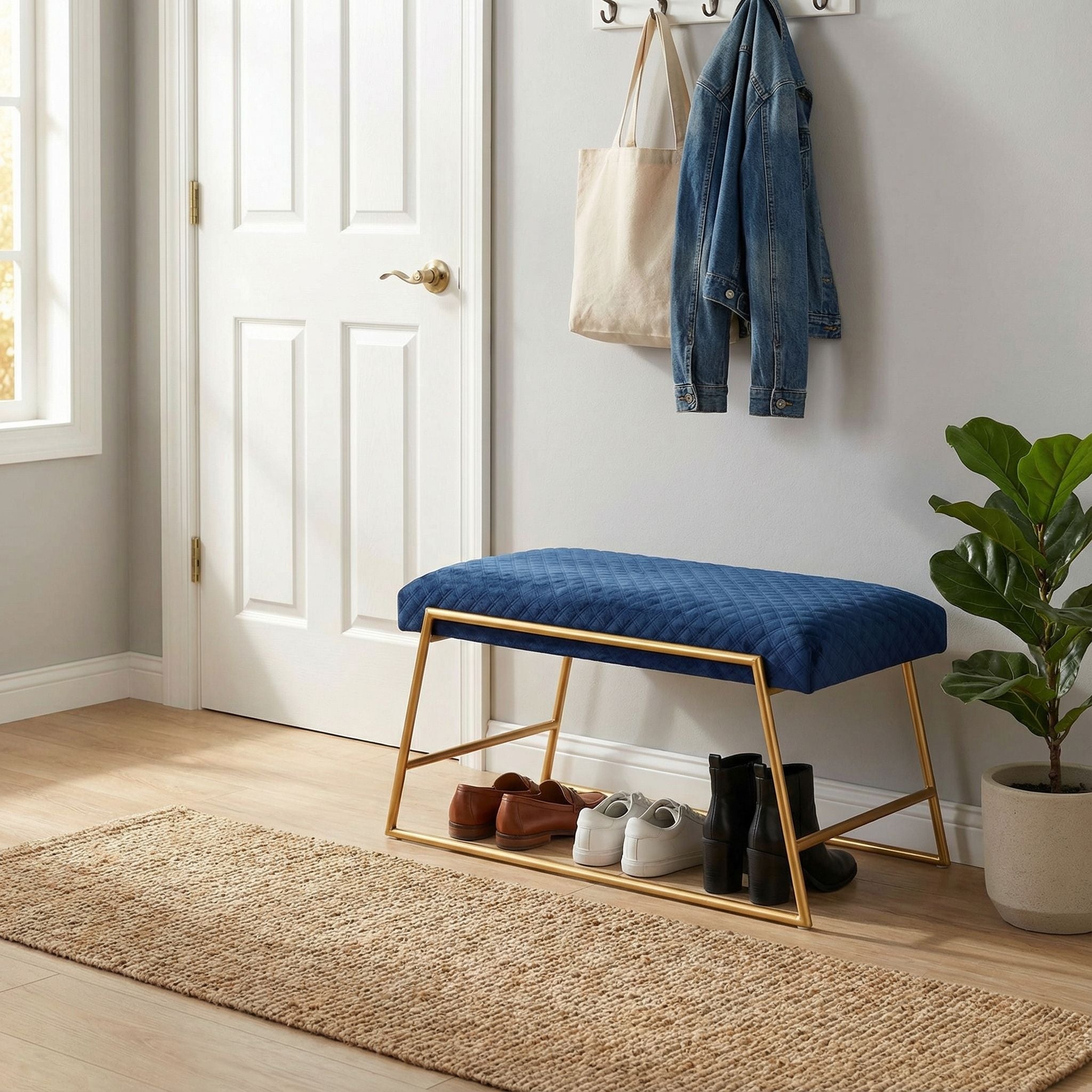 Neptune Bench Ottoman in Blue Fabric, Painted Gold Metal Base