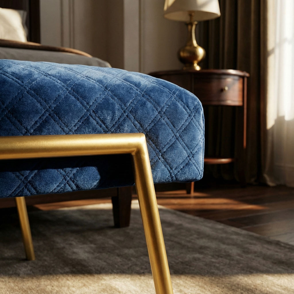 Neptune Bench Ottoman in Blue Fabric, Painted Gold Metal Base
